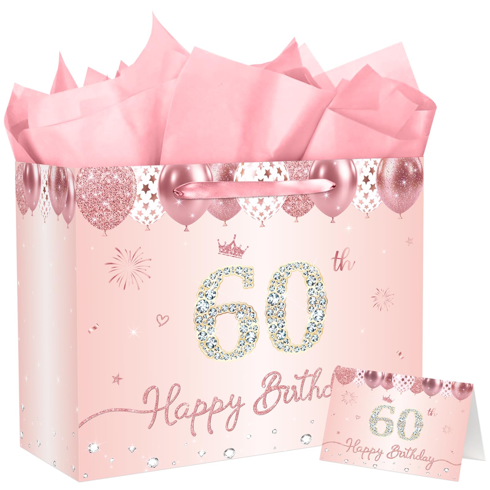 JCTHKUKU Rose Gold 60 and Fabulous 60th Birthday Gift Bag for Women Large Pink Happy Birthday Gift Bag with Wrapping Paper and Card