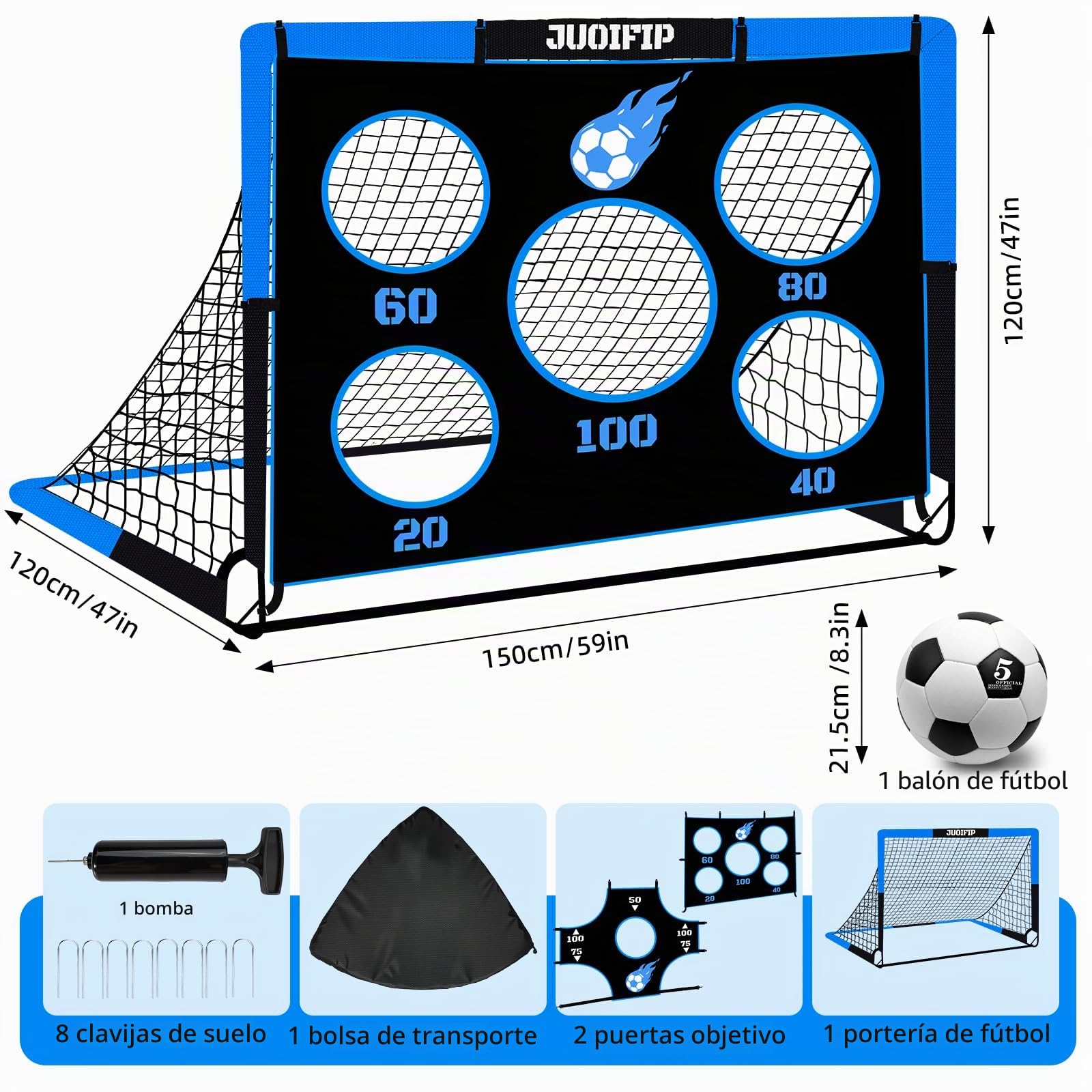 Portería de fútbol 3 en 1 para niños, red 150x120 cm, postes de jardín con 2 telas intercambiables y pelota, bolsa de transporte