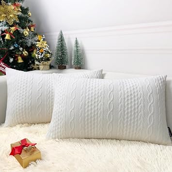 Booque Valley Rectangular Throw Pillow Covers, Pack of 2 Super Soft Elegant Modern Knit Lumber Cushions, Oblong Pillowcases for Sofa Bed Car Chair, 12 x 20 inch Pure White