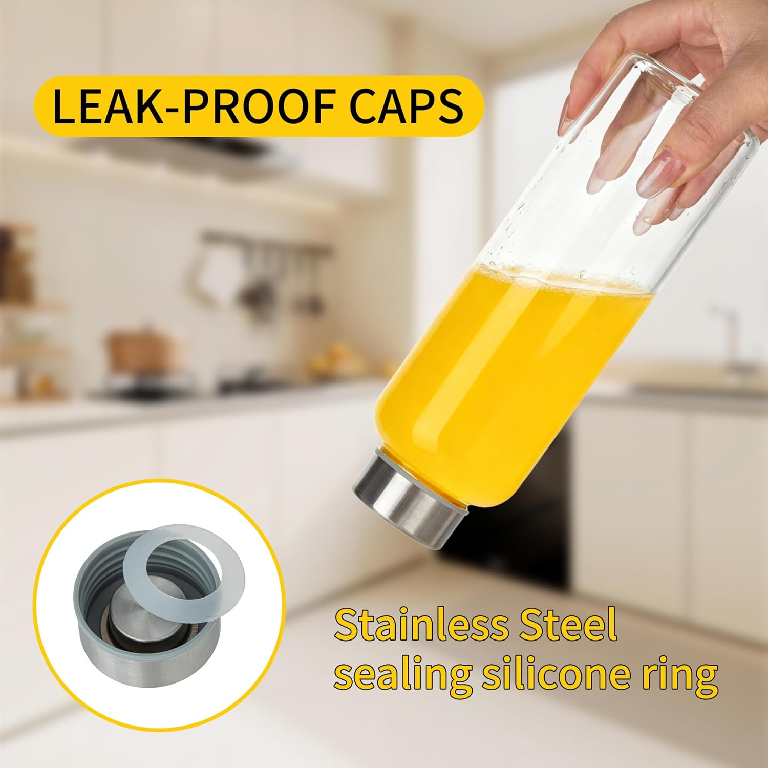 P&C GOODS Glass Juice Bottles with Lids Set of 8, Reusable Clear Glass Water Bottles 18oz with Stainless Steel Cap for Refrigerator, BPA Free and Leak Proof - Image 3