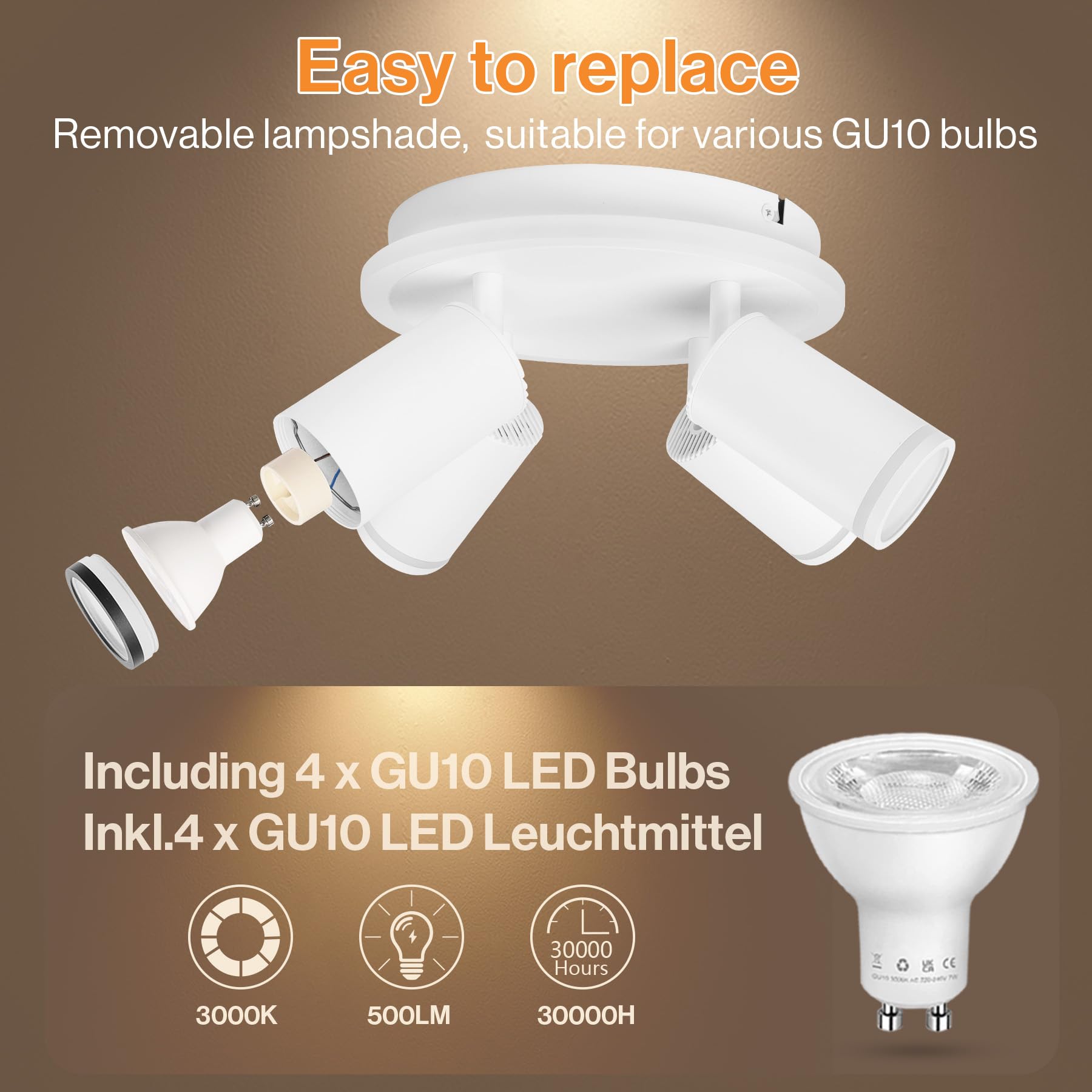 Faretti LED Soffitto Orientabili - Faretti da Soffitto Interno Bianco - Lampadario Soffitto 4 Luci con 4 x 5W GU10 LED, 3000K Bianco Caldo Faretti da Parete per Cucina, Camera da Letto, Soggiorno