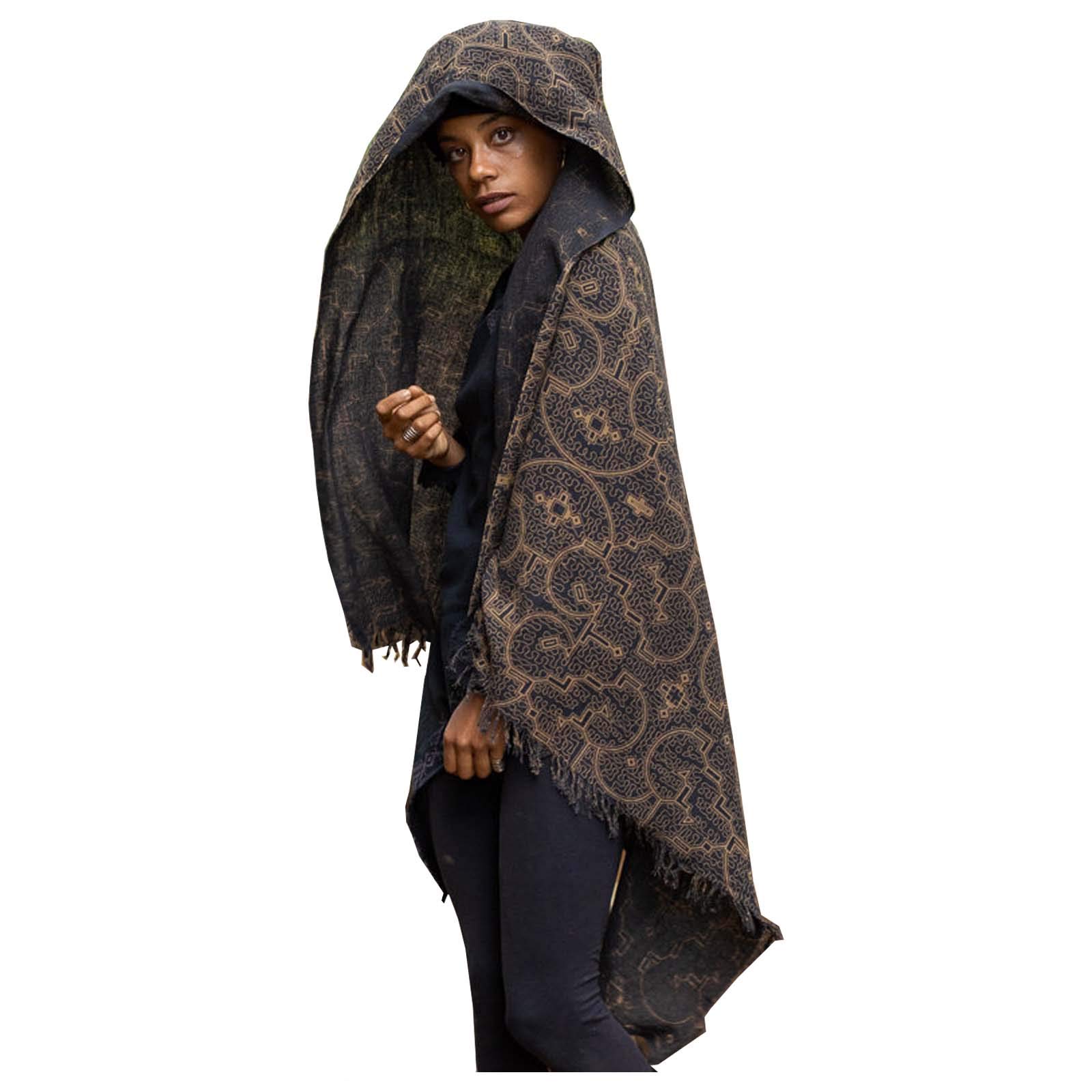 SHIPIBO Black Gold Scarf Cotton Shawl Sacred Geometry Pattern Festival Ritual Ceremony Shamanic Ethnic Gypsy Boho Sarong Wrap Shaman