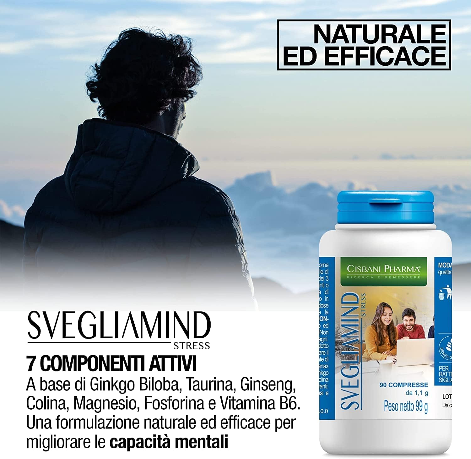CISBANI PHARMA SVEGLIAMIND, Integratore Nootropico per Concentrazione e Memoria - 90 compresse con Ginkgo Biloba, Fosforo, Magnesio, Taurina, Ginseng, Vitamina b6 e Colina, Riduce la stanchezza