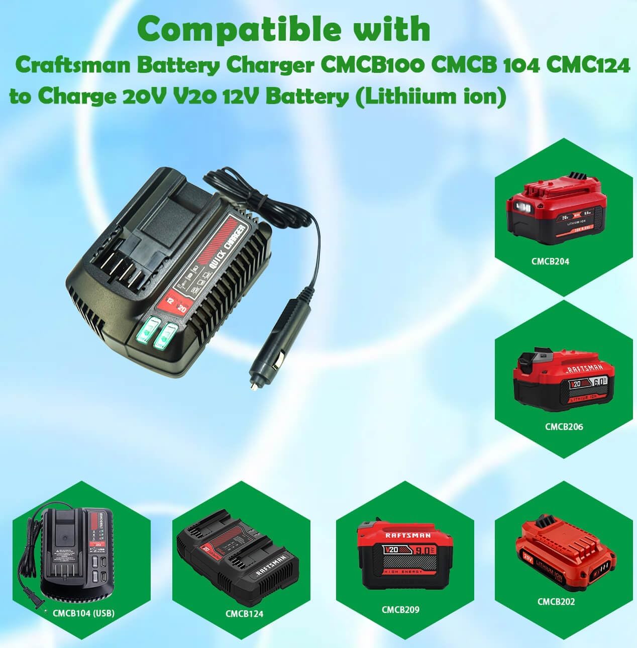 Compatible with Craftsman Vehicle/Car Charger for 20V Craftsman V20 Lithium-ion Battery Charger for CMCB201 CMCB202 CMCB203 CMCB204 CMCB205 CMCB209,Charger CMCB100,CMCB101 CMCB104, CMCB124, CMCB102