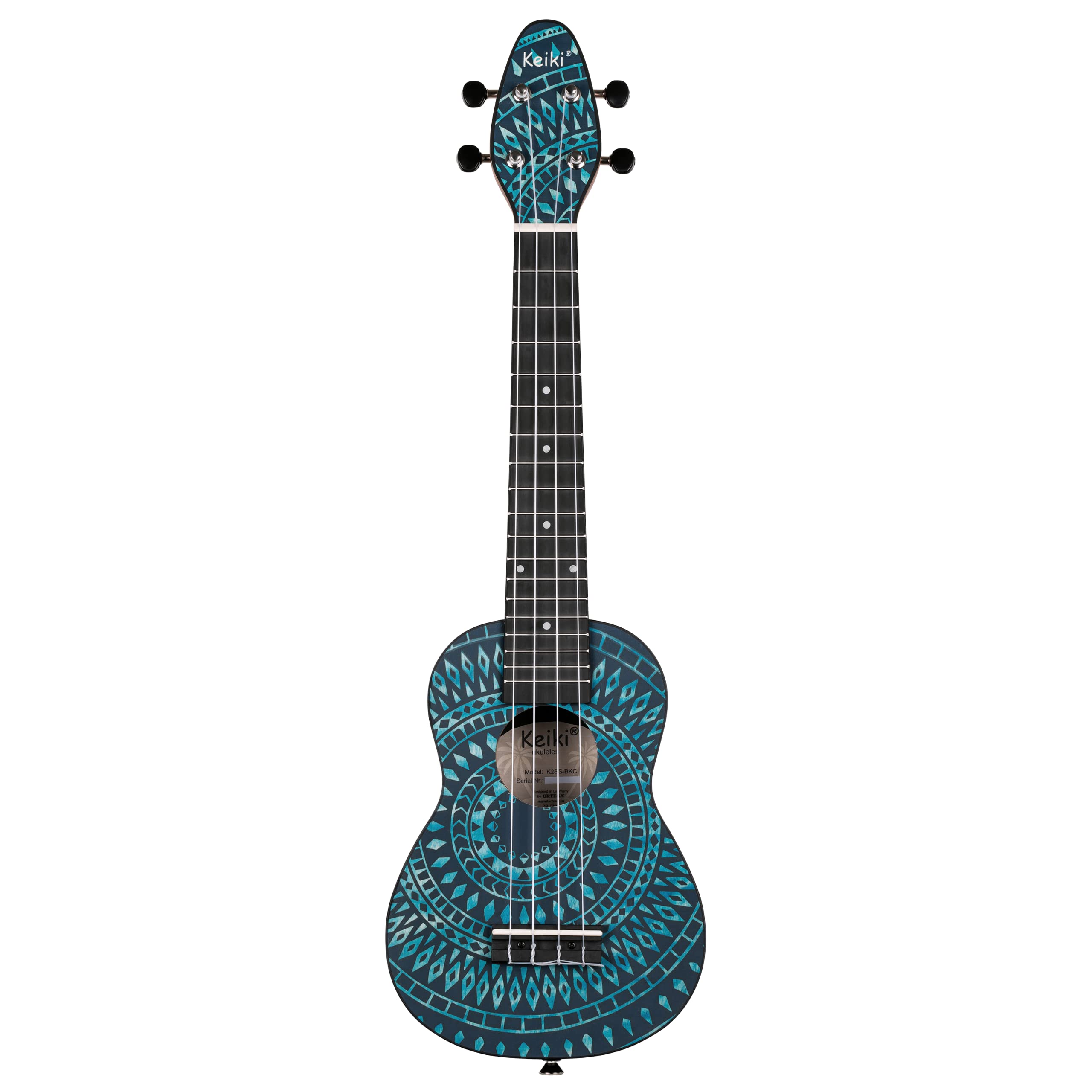 Ortega Guitars Ukelele Soprano azul - Keiki K2 - Kit de inicio incluye afinador, correa, 5 púas medianas y bolsa de dibujo - caleidoscopio azul (K2SS-BKC)