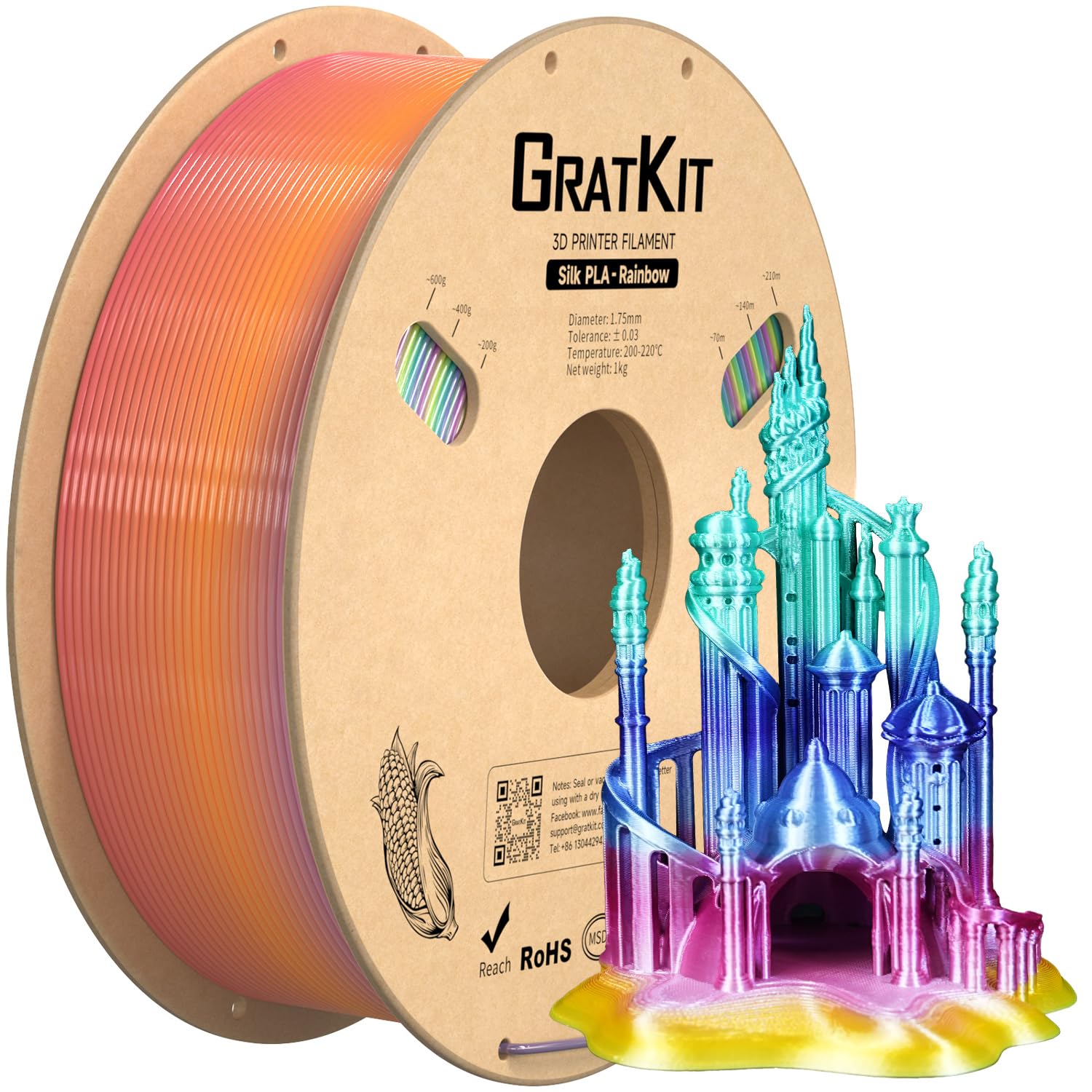 Gratkit Seda Filamento de Impresora 3D, PLA Silk Rainbow Caramelos, 1kg