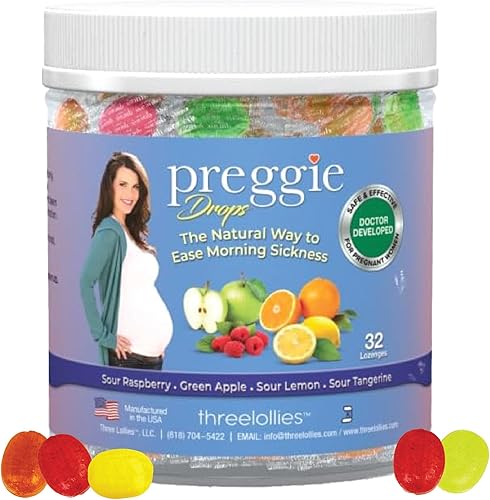 Three Lollies Preggie Pop Drops Alivio de Náuseas del Embarazo Caramelo para Náuseas Matutinas con Aceites Esenciales para Mujeres Embarazadas