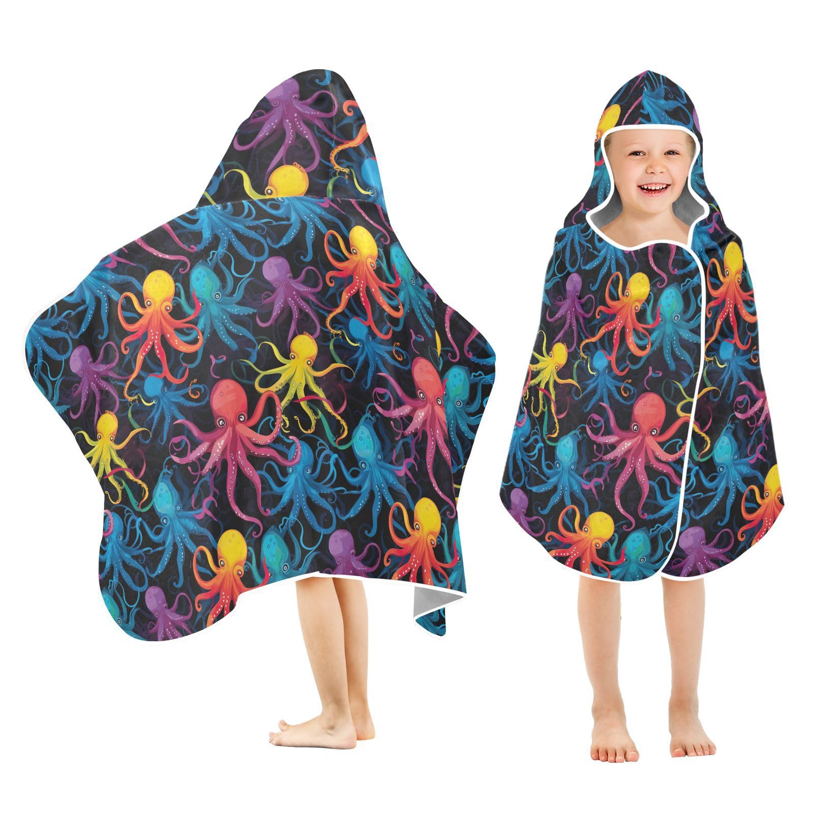AMmao Kids Hooded Bath Towel Colorful Octopus Pattern Toddler Beach Towel Soft Lightweight Quick Dry Swim Cover Up 23.5 x 50 in Shower Pool Beach Swim Towel for Girls Boys 3-8 Y