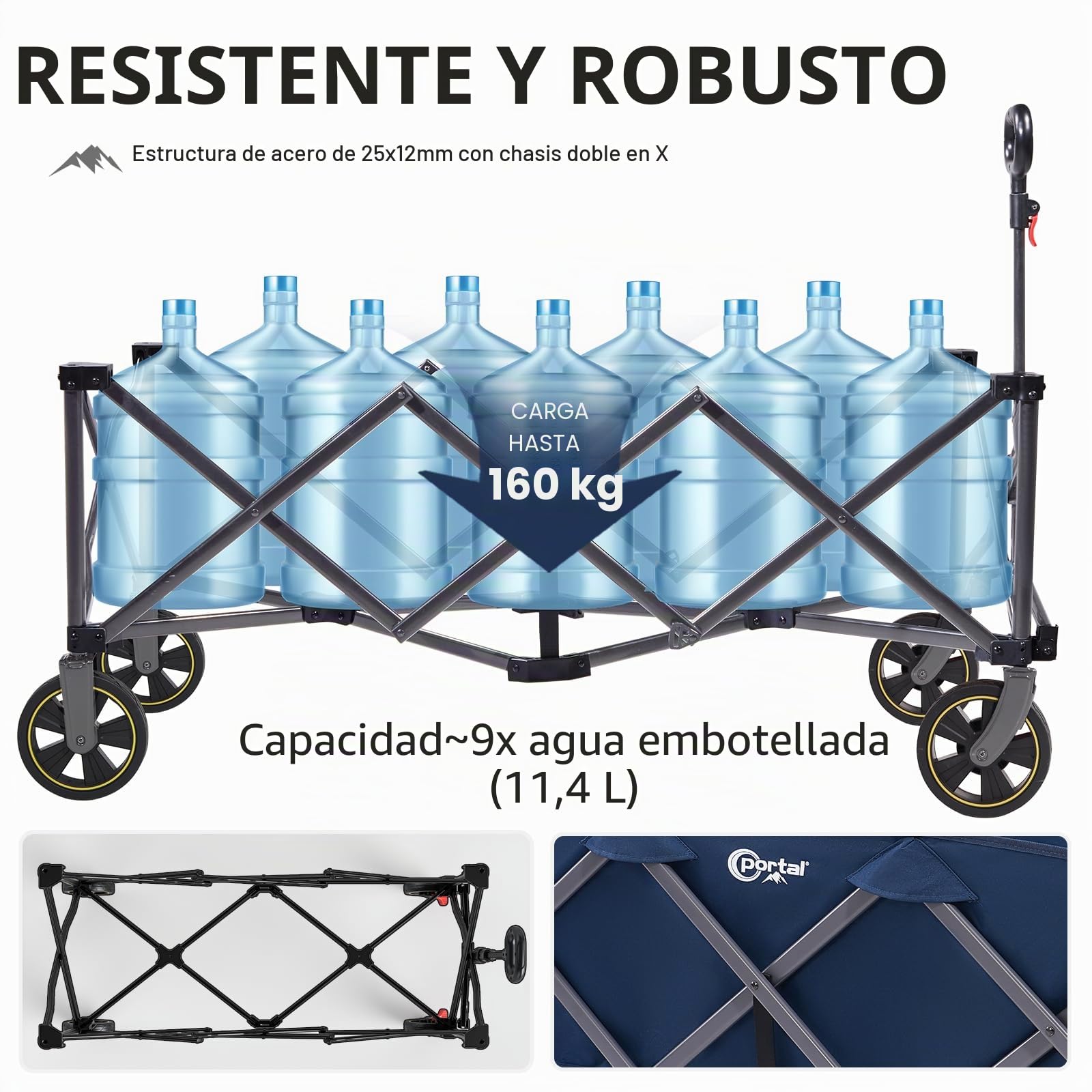 Portal Carro plegable XXXL 400 L 160 kg, carro de mano grande con soporte para bebidas, bolsillo lateral, carro de transporte, carro de escalera, plegable, para jardín, camping, festival, color azul