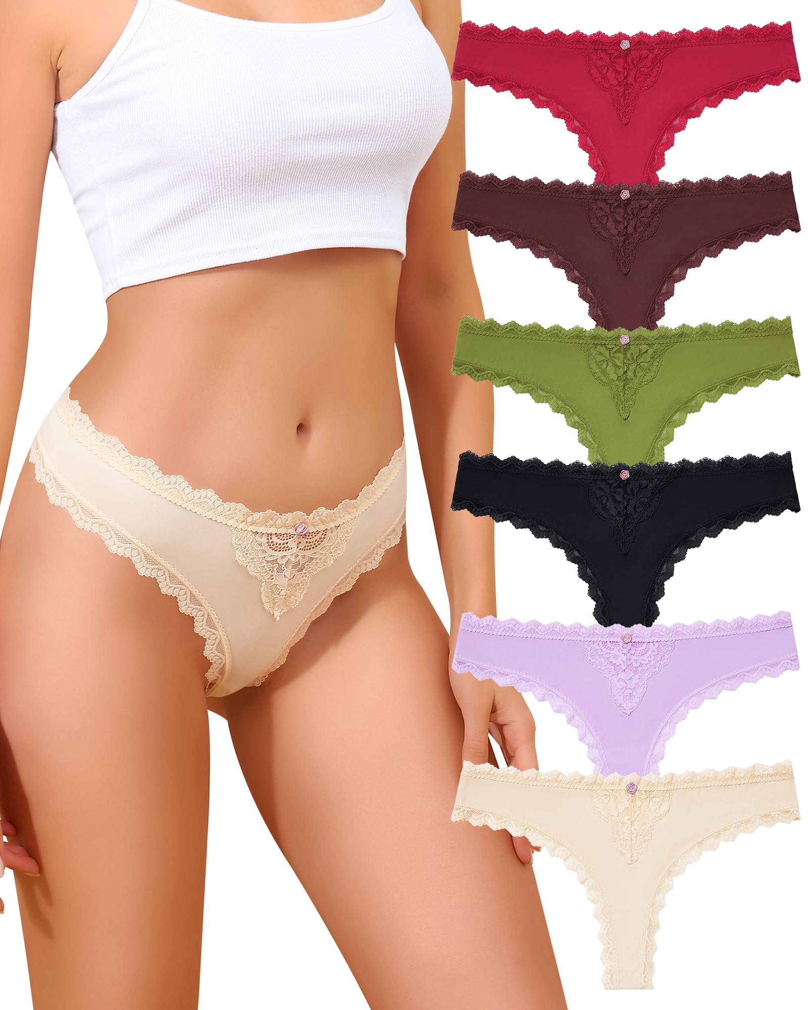 LEVAO Lace Thongs Low Waisted Underwear for Women Stretch Bikini Panties T Back Hipster Cheeky Breathable Briefs Multipack
