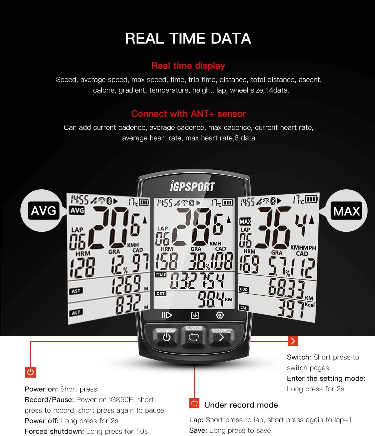 Урд view of the iGPSPORT GPS Bike Computer showing its screen and three control buttons at the bottom.