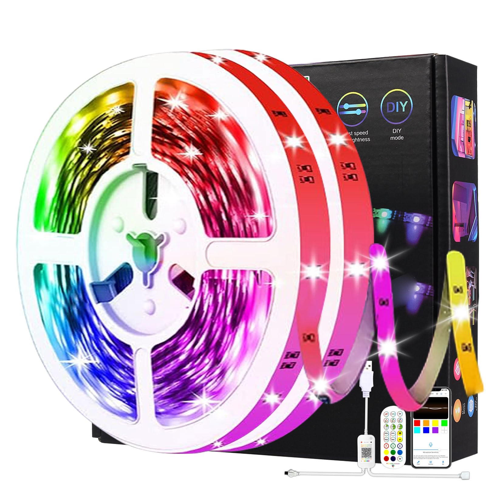 LED light strip RGB Color Changing, 16.4FT（5M）USB led strip lights,Smart and Remote Control, IP65 Waterproof,led 5050RGBW Music Sync Rope Lights for Living Room, Bedroom, Party, Kitchen,TV