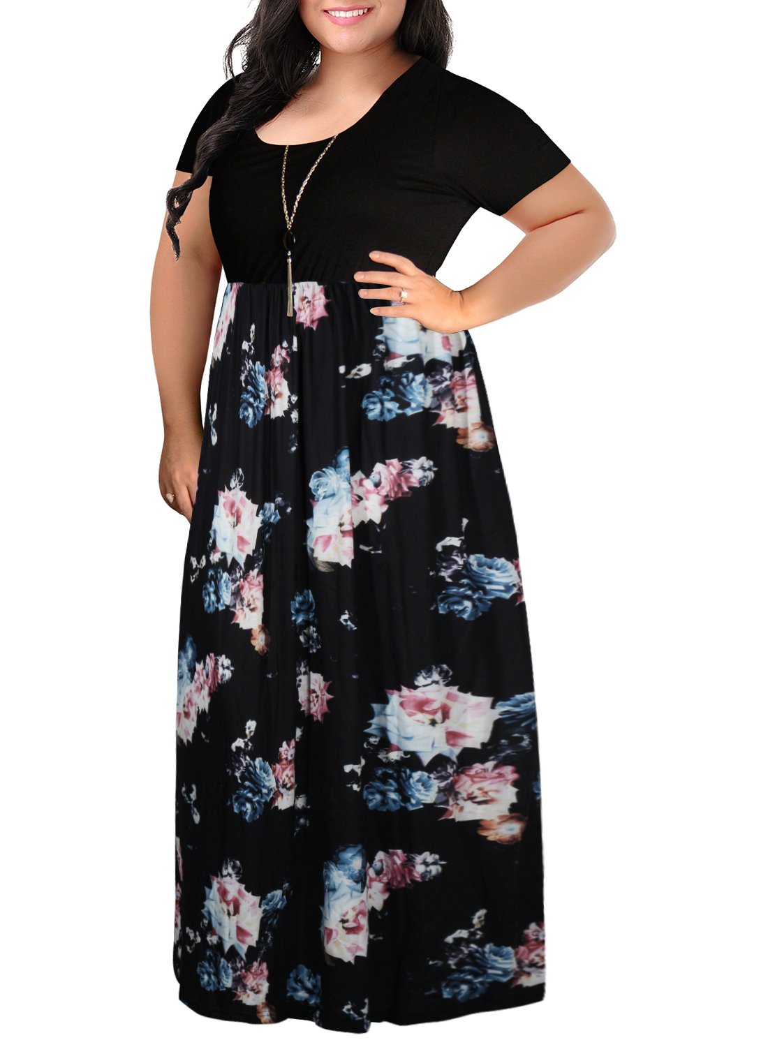 Nemidor Plus Size Maxi Dresses for Curvy Women Casual Short Sleeve Chevron Print Long Dress with Pocket 14-26