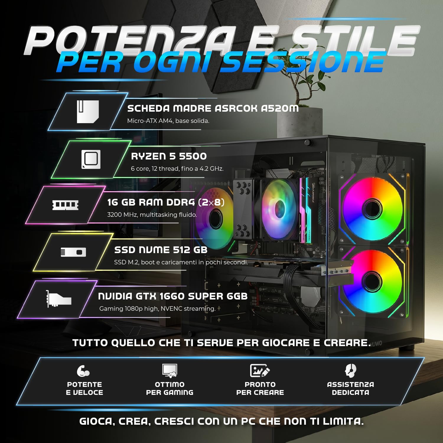 Keydo PC Gaming Ryzen 5 5500 | GTX 1660 Super 6GB GDDR6 | 16GB DDR4 | SSD 512GB | Windows 11 Pro | Pc Computer Fisso Completo Pronto all'Uso, GX-6