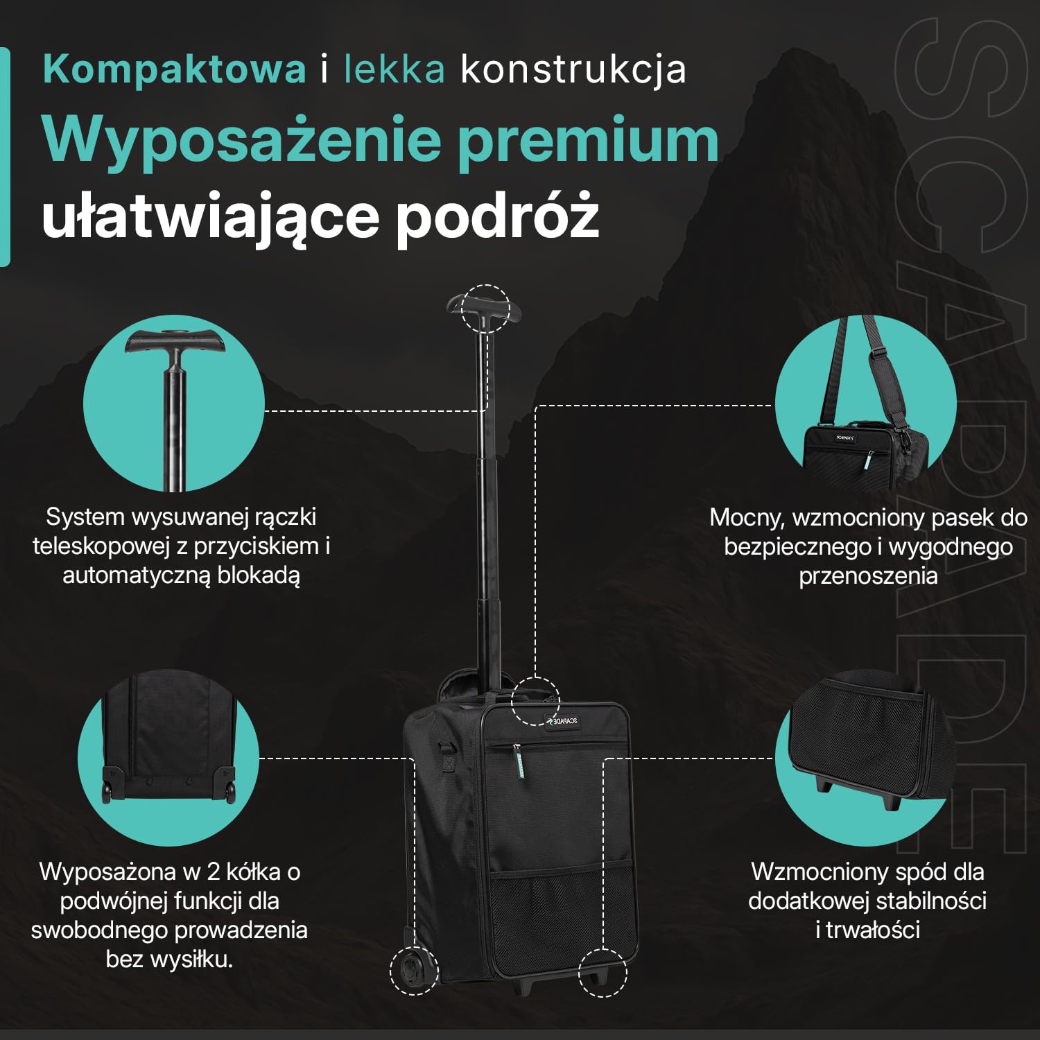 Scapade AirMini Bagaż Pod Siedzenie 40x30x20 cm – Ultralekka składana walizka kabinowa, darmowy bagaż Ryanair, kompaktowa torba na kółkach, kieszeń przednia, wodoodporna
