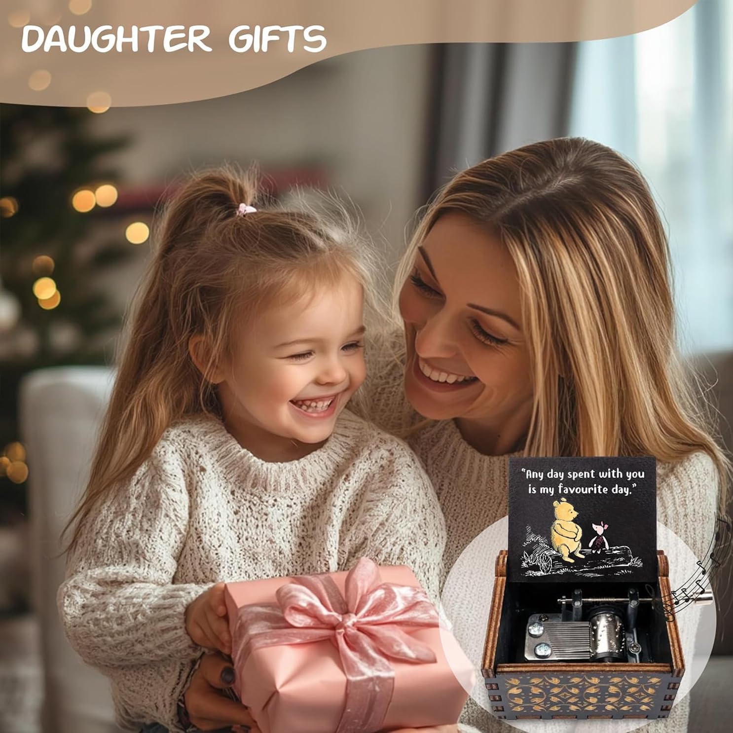 Cute Bear Best Friend Wood Music Box Gifts for Women, Friendship BBF Daughter Gifts for Christmas Birthday, Any Day Spent with You is My Favourite Day.