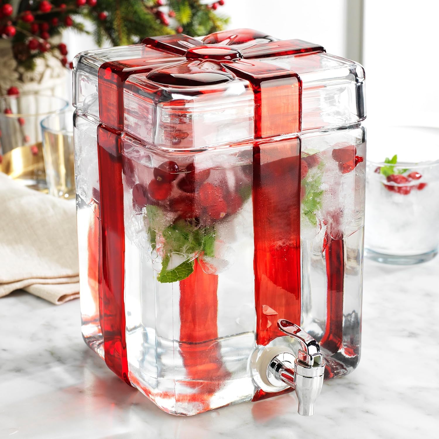 Gift Box Drink dispenser with Red Ribbon Design, Glass Beverage Dispenser For Christmas Party &amp; decorations, Gift Ready Packaging With 100% Leakproof Spigot Perfect For Parties And Daily Use 1.5 GAL