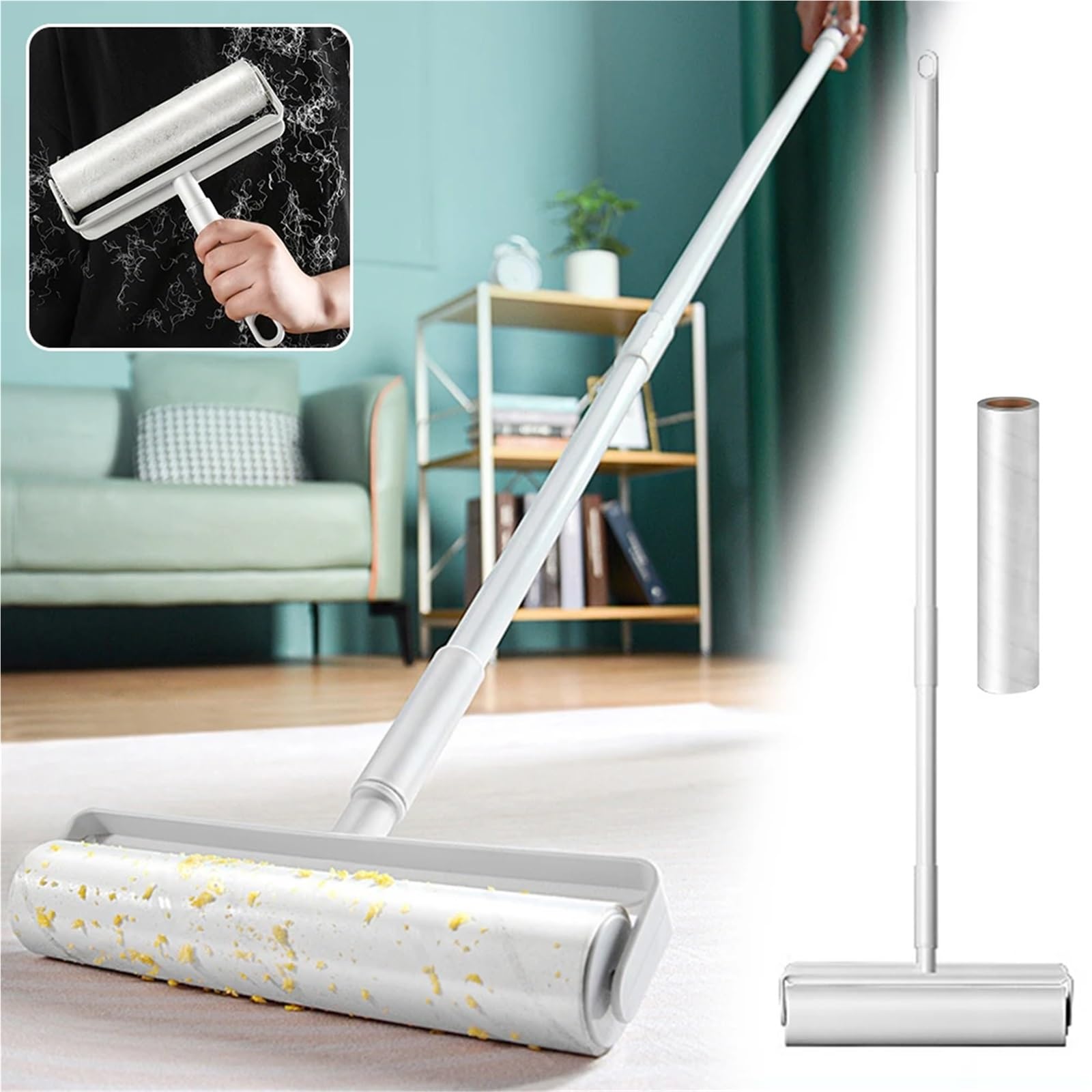 10 Rotoli di rulli Pulizia Multiuso Spazzola Manico Lungo Lenzuolo strappabile Vestiti Capelli rimuovi Strumento Rullo for seggiolini Auto Camera da Letto casa(19cm)