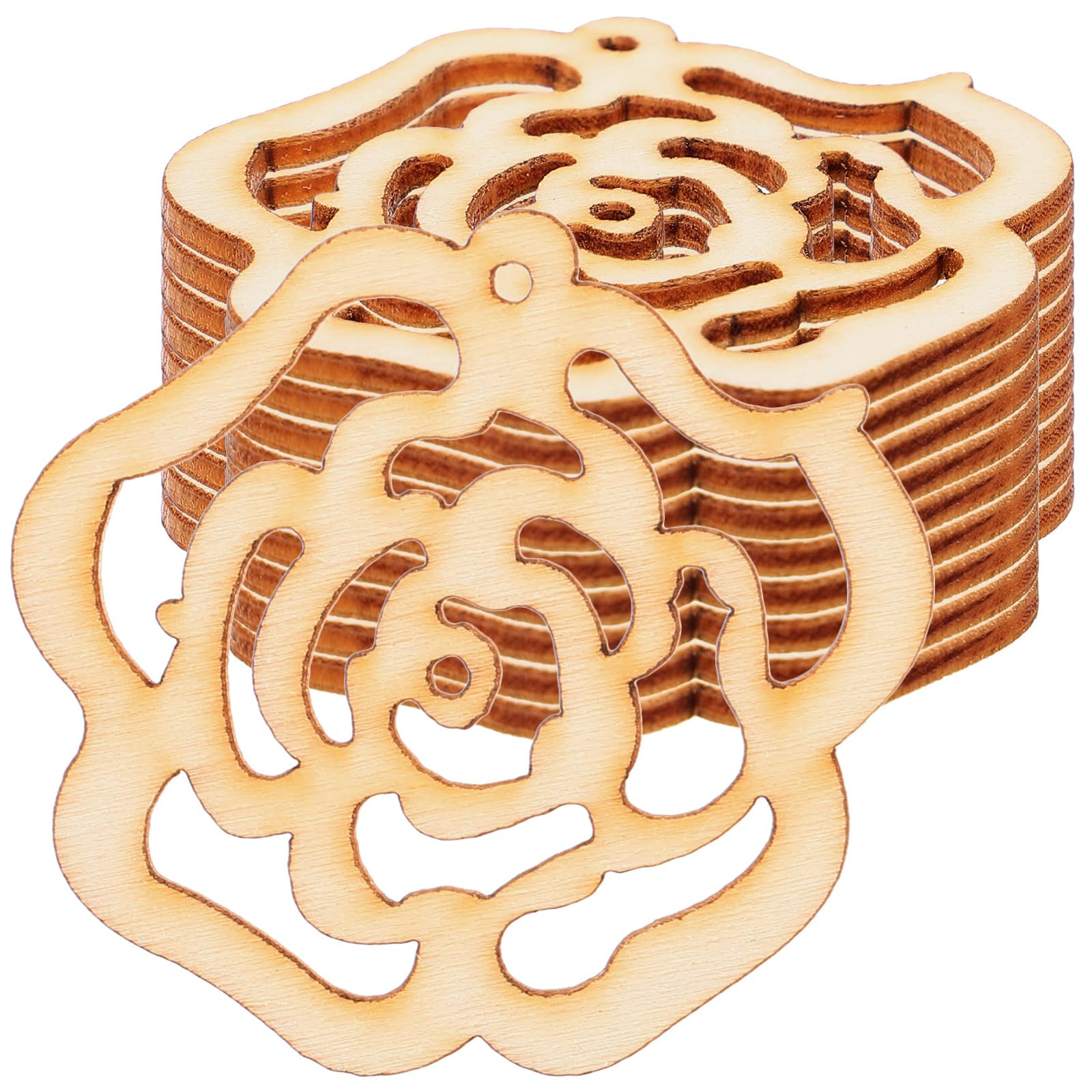 LUOEM 10pcs Hollow Rose Flower Wooden Cutouts Mini Wooden Slices for Patchwork DIY Handmade Crafting Valentine's Day Wedding Party Aniversary Hanging Decoration