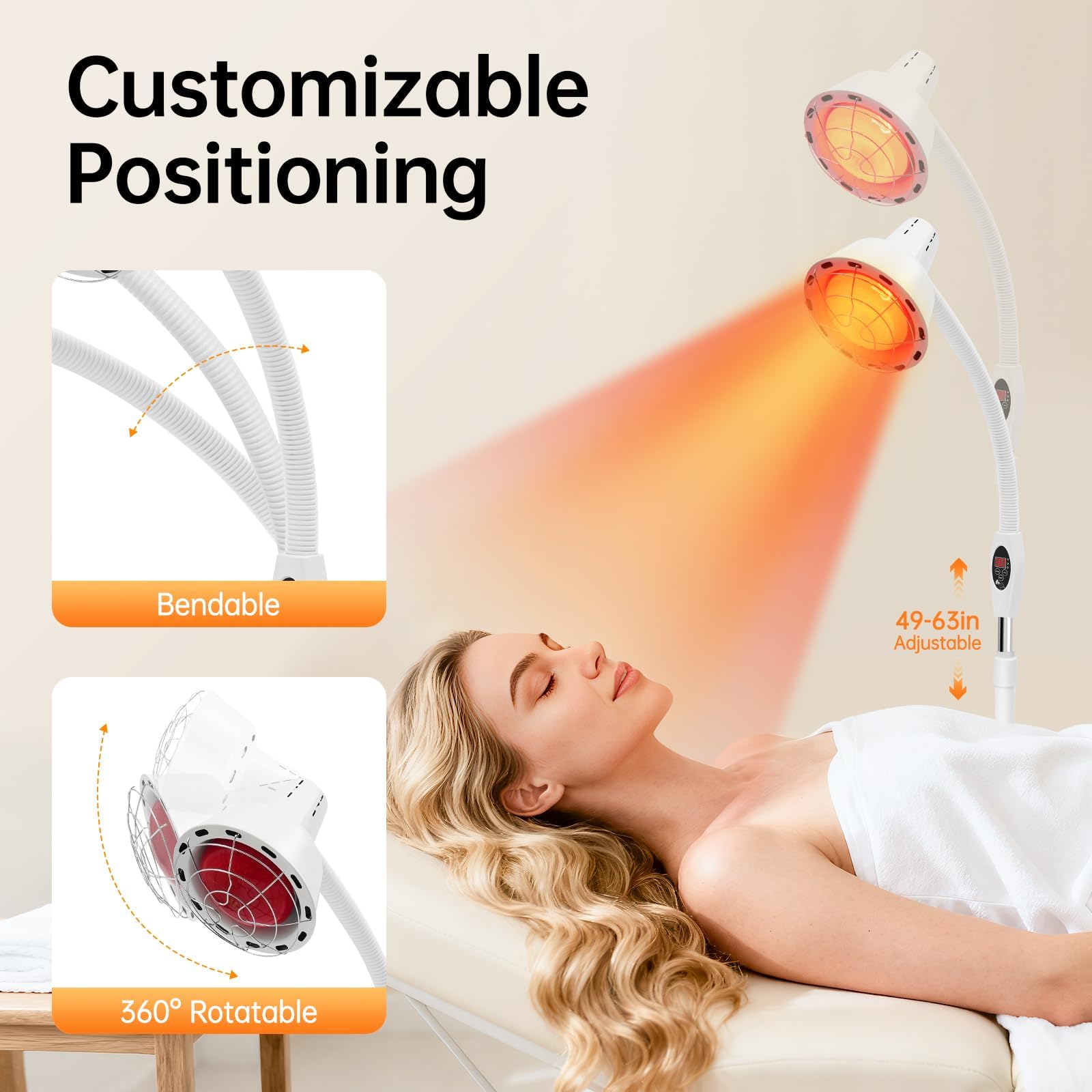 Lampada infrarossi riscaldante 275W con piedistallo regolabile e orientabile 360°, luce rossa terapia per rilassamento muscolare, circolazione e benessere della pelle, rosso