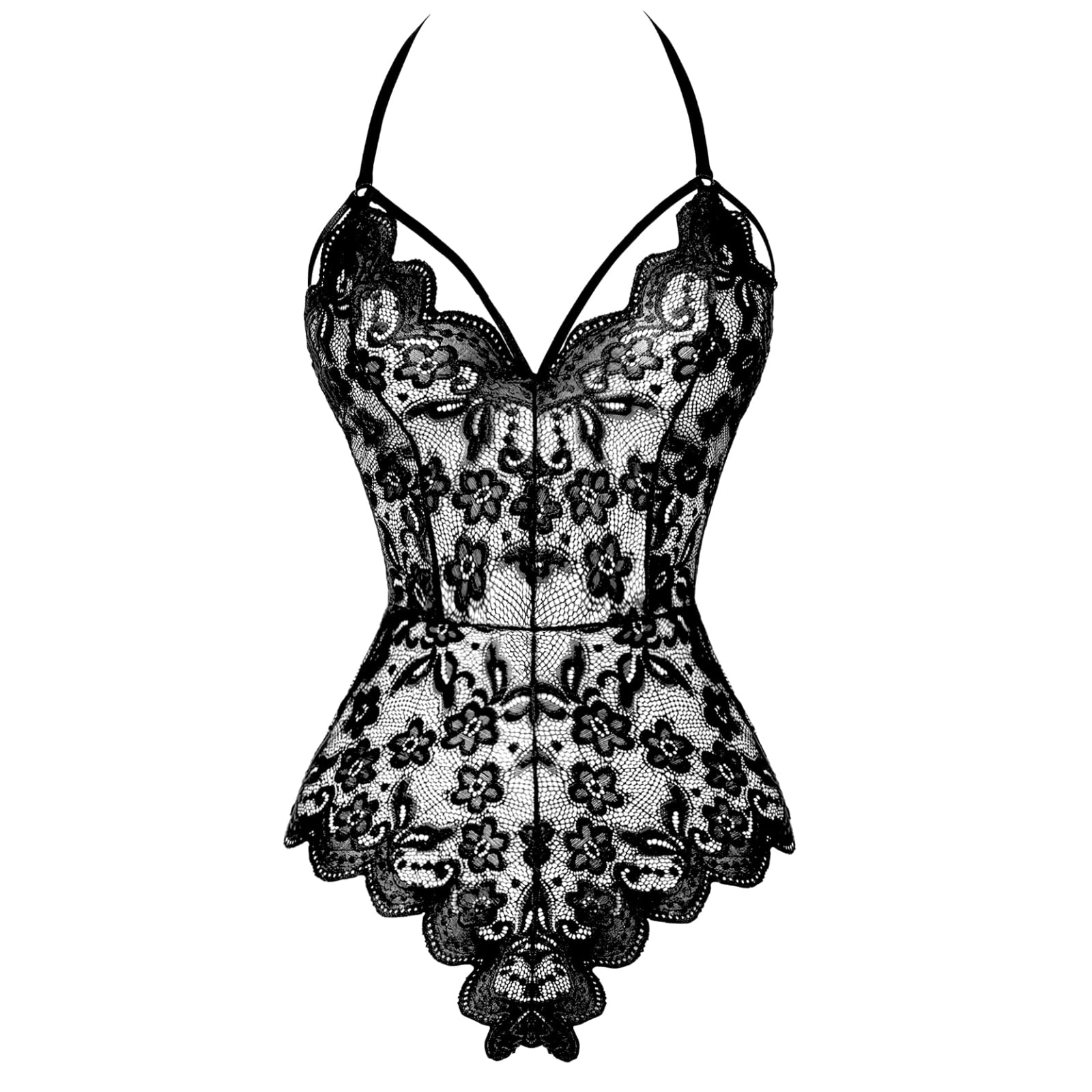 MH MOIHSING Sexy Lace Lingerie for Women, Snap Crotch Teddy Lingerie Sheer Lace One Piece High Cut Bodysuit, Sexy Lace Bodysuit Deep V Neck Backless Floral Halter Teddy Valentine (Size M-2XL, Black)