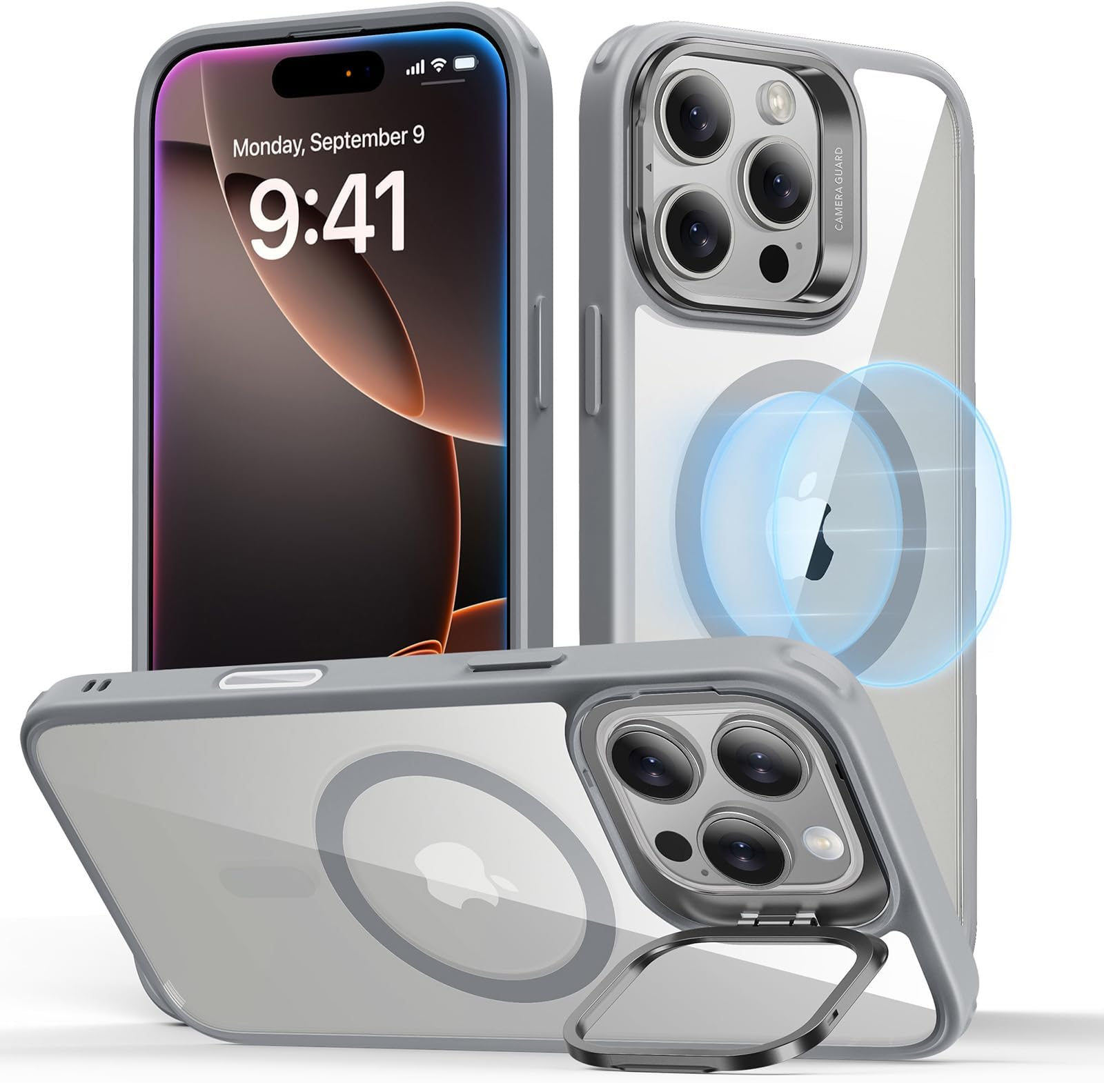 ESR for iPhone 16 Pro Max Case, Camera Control, Compatible with MagSafe, Military-Grade Protective Case, Built-In Stash Stand Phone Case, Scratch-Resistant Back Cover, Classic Series, Clear Grey