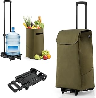 TANGZON Folding Shopping Trolley on Noiseless Wheels, 2 in 1 Lightweight Push Pull Carts with Detachable Waterproof Bag & Telescopic Handle, Grocery Trolley/Hand Truck, Max Capacity 60kg/38L (Green)