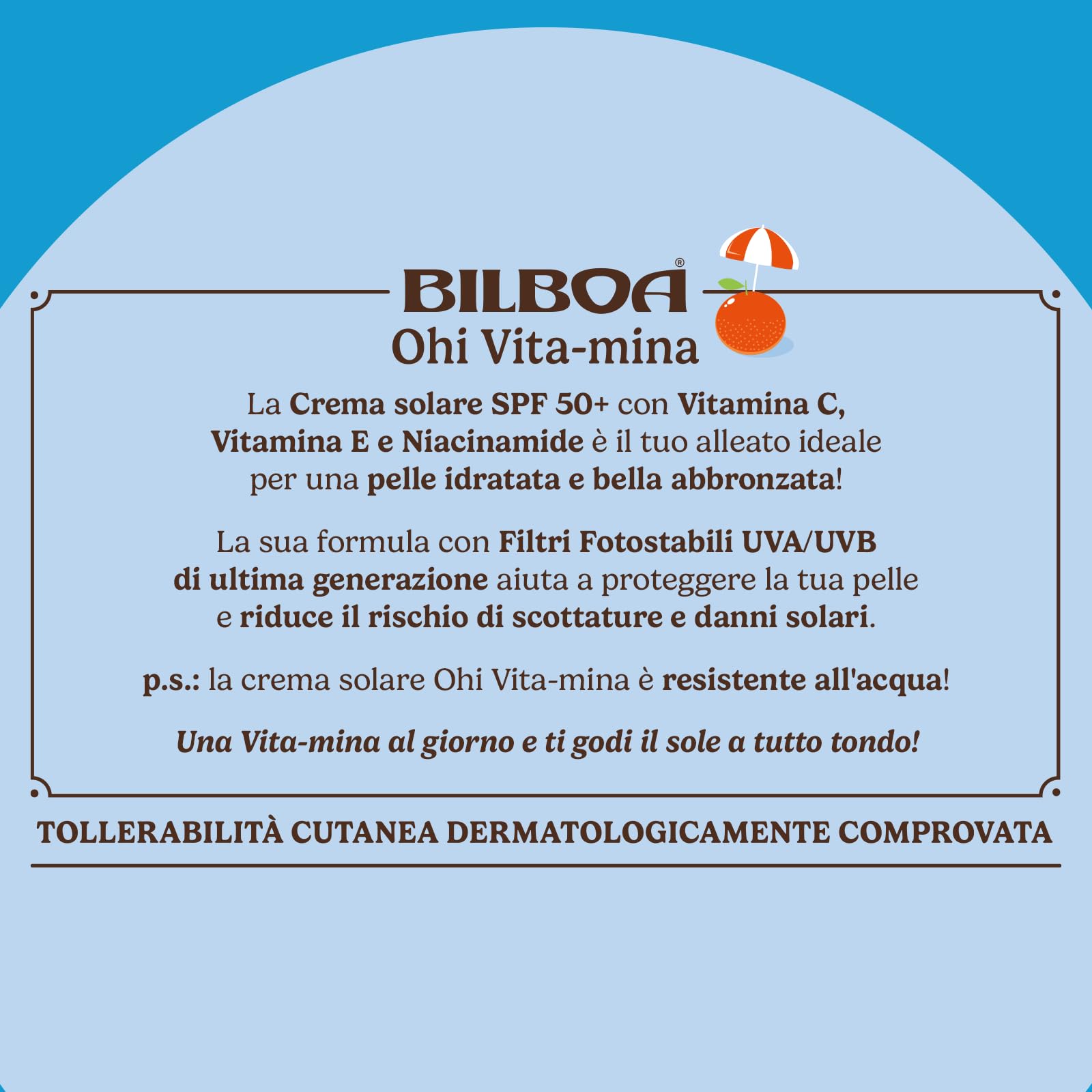 Bilboa, Ohi Vita-Mina, Latte Solare SPF 50+, Crema Solare con Vitamina C, Vitamina E e Niacinamide, Ideale Contro Rughe e Macchie, Resistente all'Acqua, 200 ml