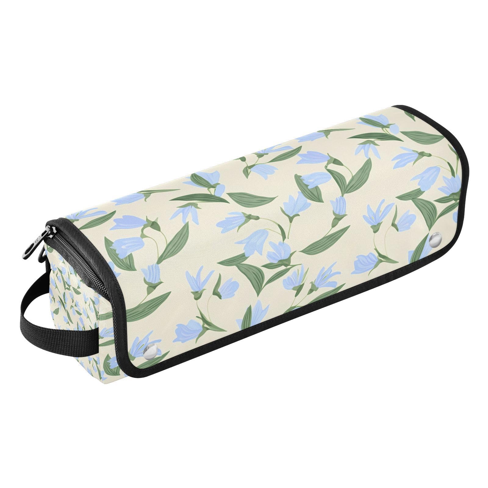 Blue Flowers Hair Tools Travel Bag Portable Hair Accessory Organizer with Heat Resistant Mat 2 in 1 Curling