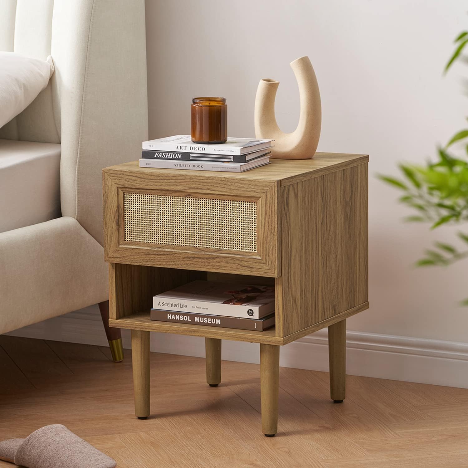Mopio Haylee Rattan Side Table Nightstand, Perfect End Table for Living Room & Bedroom to Compliment Your Bed or Sofa Natural Oak