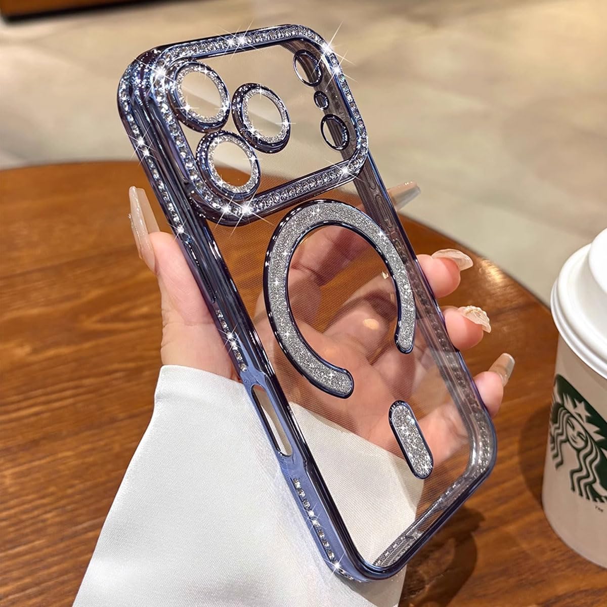 for iPhone 17 Pro Max Case Magnetic, [Compatible with MagSafe] Women Cute Clear Glitter Bling Diamond Rhinestone Sparkly Case Camera Lens Protectors Plating Cover 6.9'' 2025, Blue - Image 7