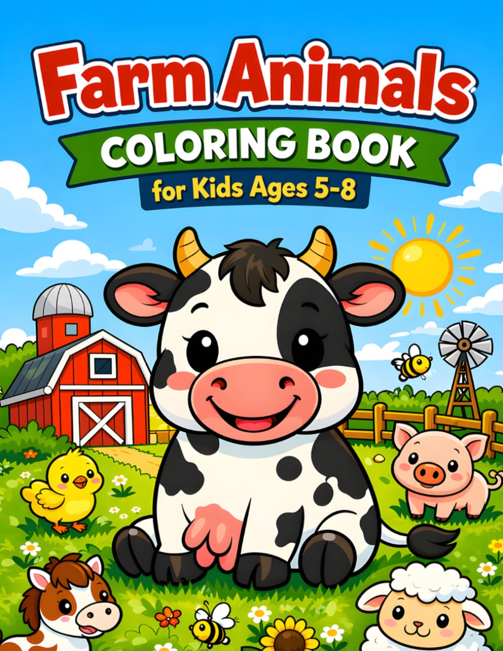 Farm Animals Coloring Book for Kids Ages 5-8: Easy and Fun Pages with Cute Animals, Barns and Tractors for Creative Kids