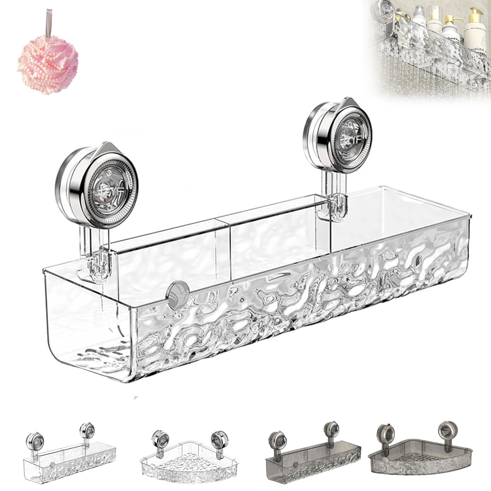 Corrugated Suction Cup Storage Holder, 2025 New No-Drill Wall Mounted Suction Cup Bathroom Storage Rack Shelf for Shower Kitchen, Suction Cup Storage Rack (Transparent white square)