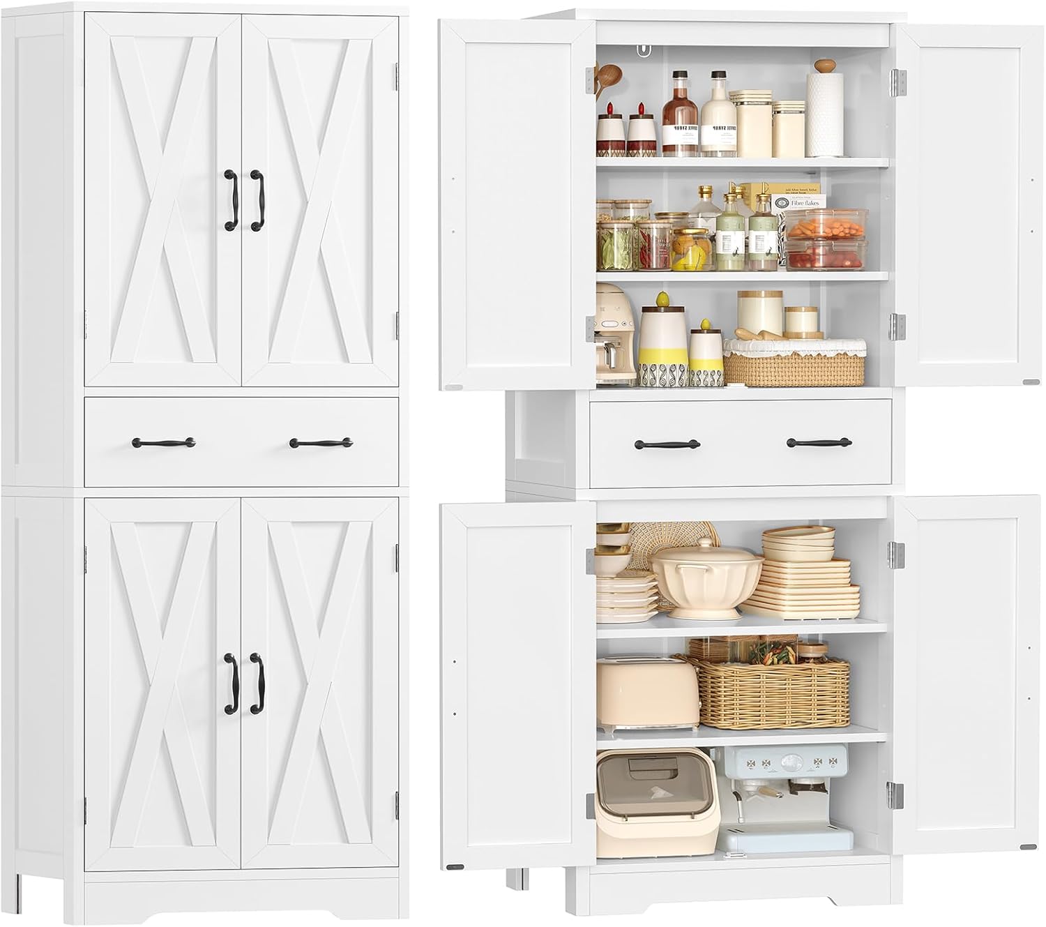 TEENFON Tall 4-Door Storage Cabinet with 2 Adjustable Shelves & Large Drawer - Kitchen Pantry, Bathroom, Living Room Organizer, White
