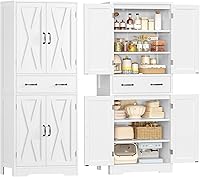 TEENFON Tall 4-Door Storage Cabinet with 2 Adjustable Shelves & Large Drawer - Kitchen Pantry, Bathroom, Living Room Organizer, White