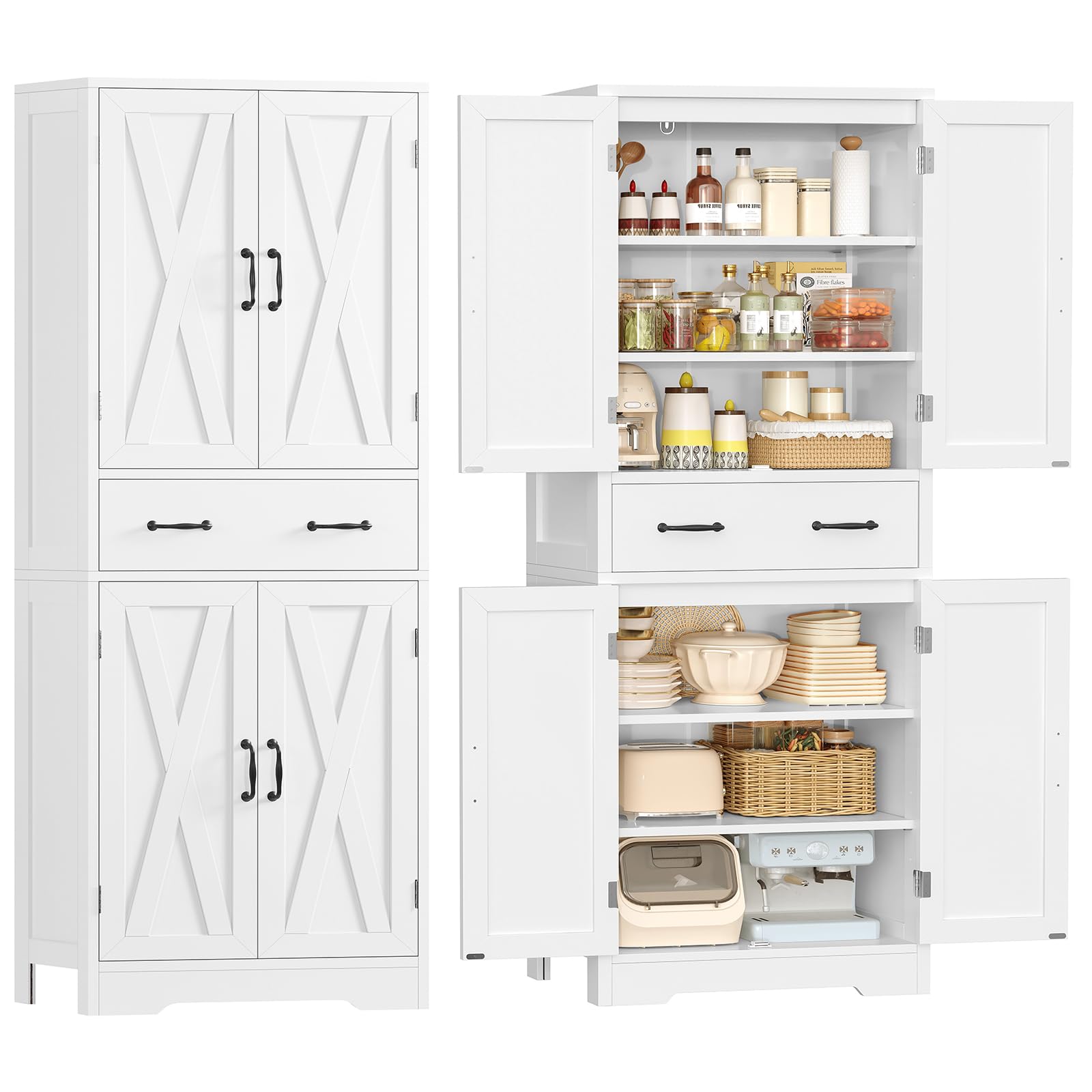 TEENFON Tall Pantry Cabinet with 2 Adjustable Shelves & 1 Large Drawer, Kitchen Pantry Cabinet with 4 Barn Doors, Bathroom Storage Cabinets, for Living Room, Kitchen, Bathroom, White