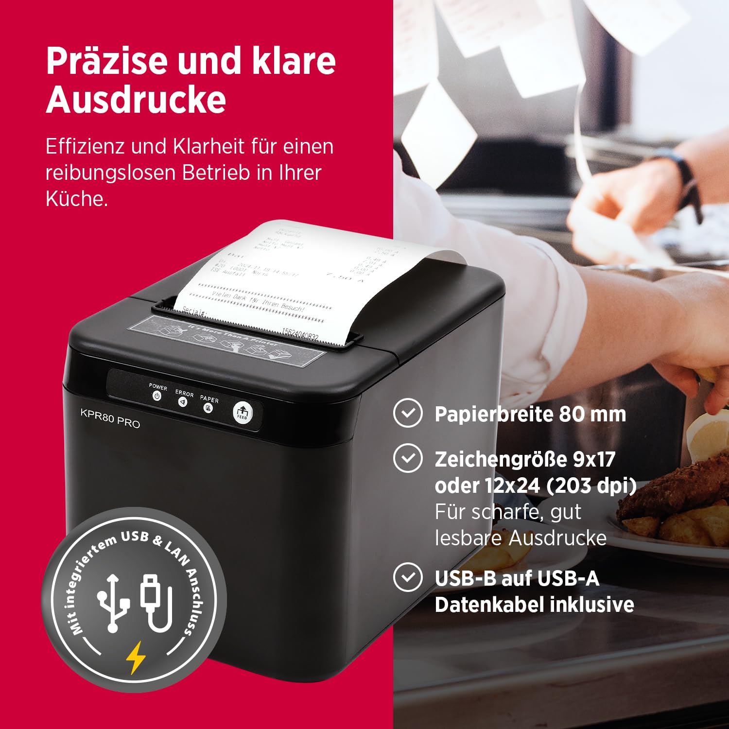 Olympia KPR 80 PRO | Bondrucker mit USB & LAN | Thermodrucker für 80 mm Bonrollen | Schneller Kassendrucker mit 230 mm/s für POS & Gastronomie | Kompakter Belegdrucker in Schwarz