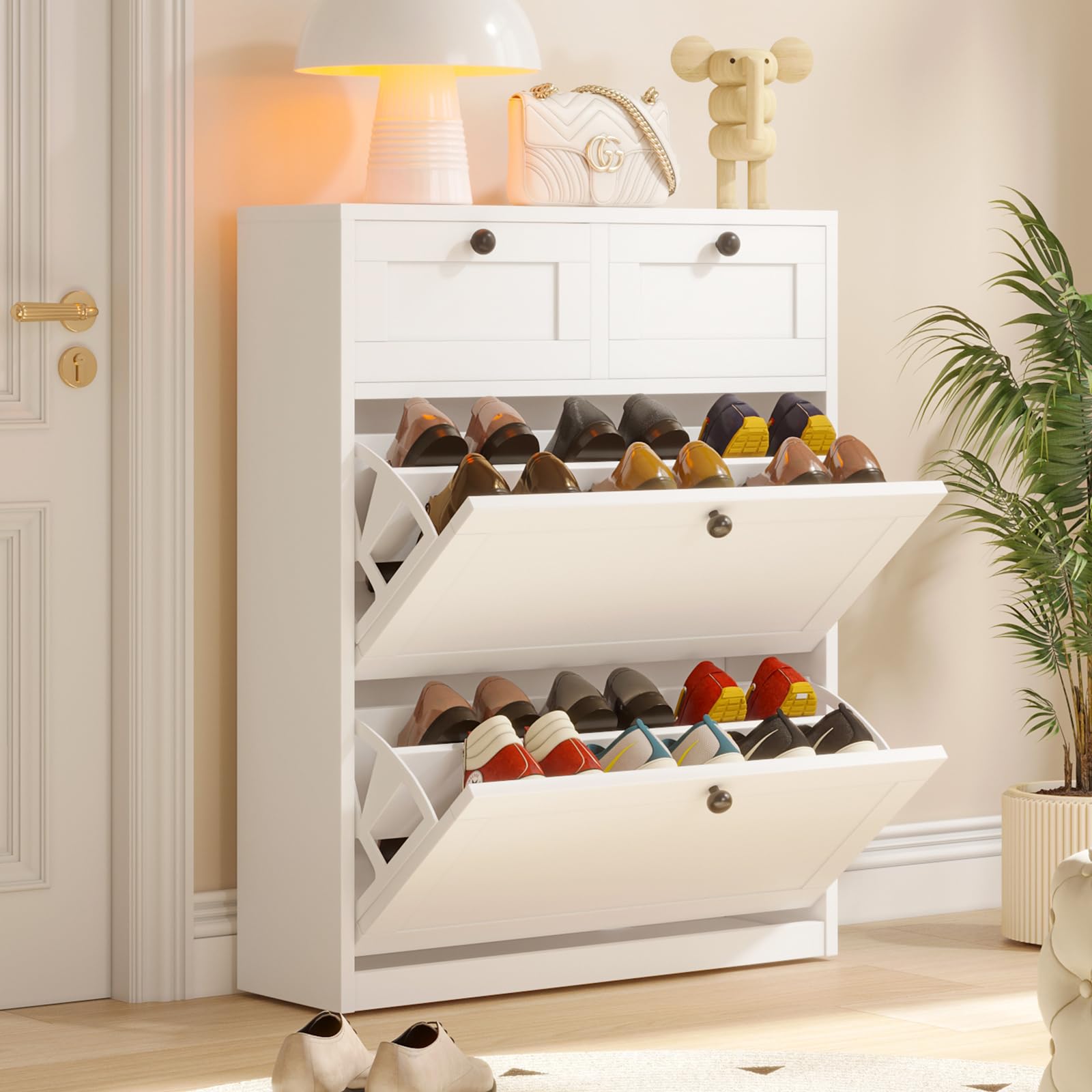VOWNER Shoe Cabinet with 2 Flip Drawers & 2 Drawers, Freestanding Shoe Storage Cabinet with Adjustable Shelves, Shoe Organizer for Entryway, Hallway, Living Room (White)