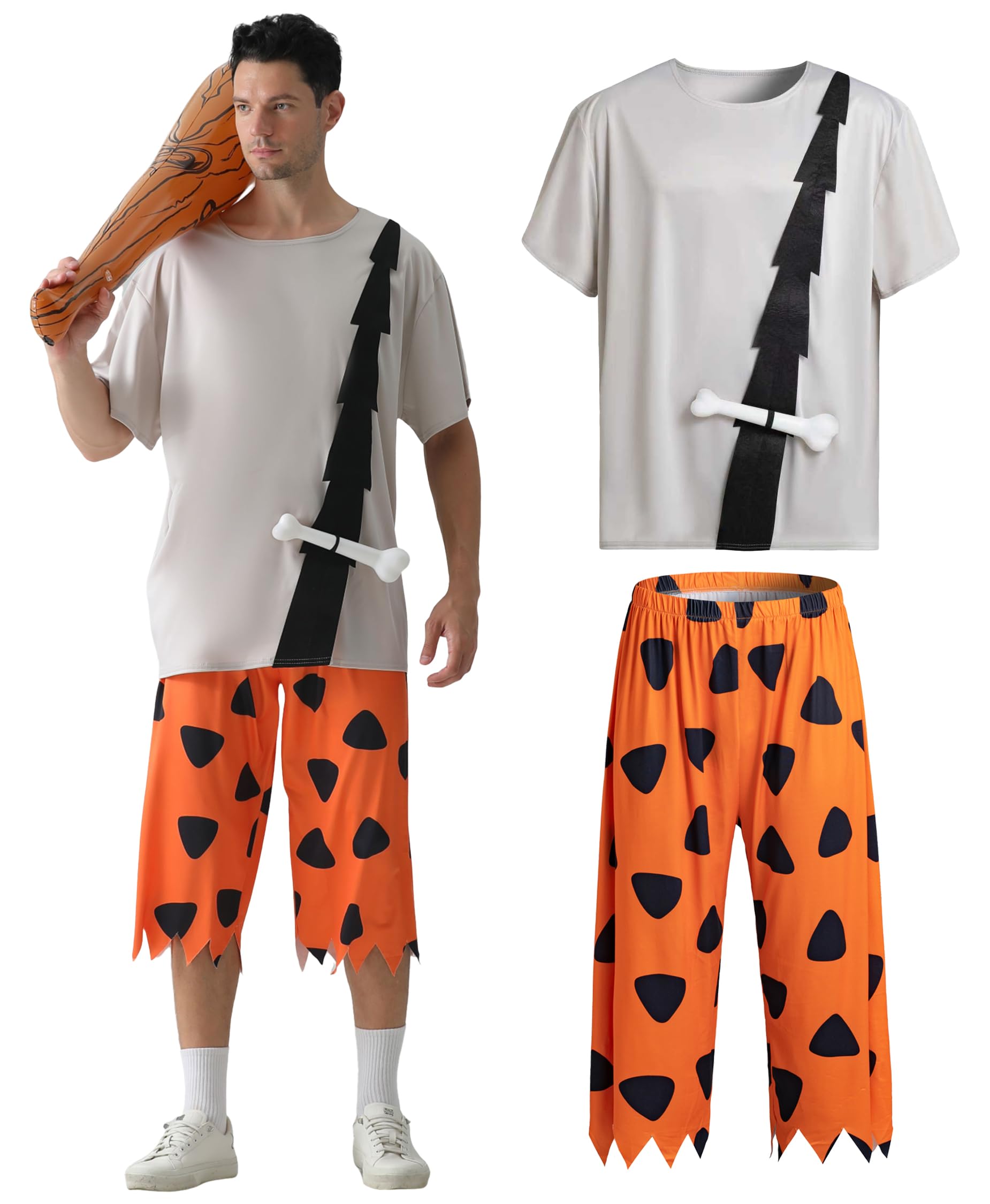 Caveman Costume Set for Men Gray Shirt and Orange Pants Halloween Party Outfit