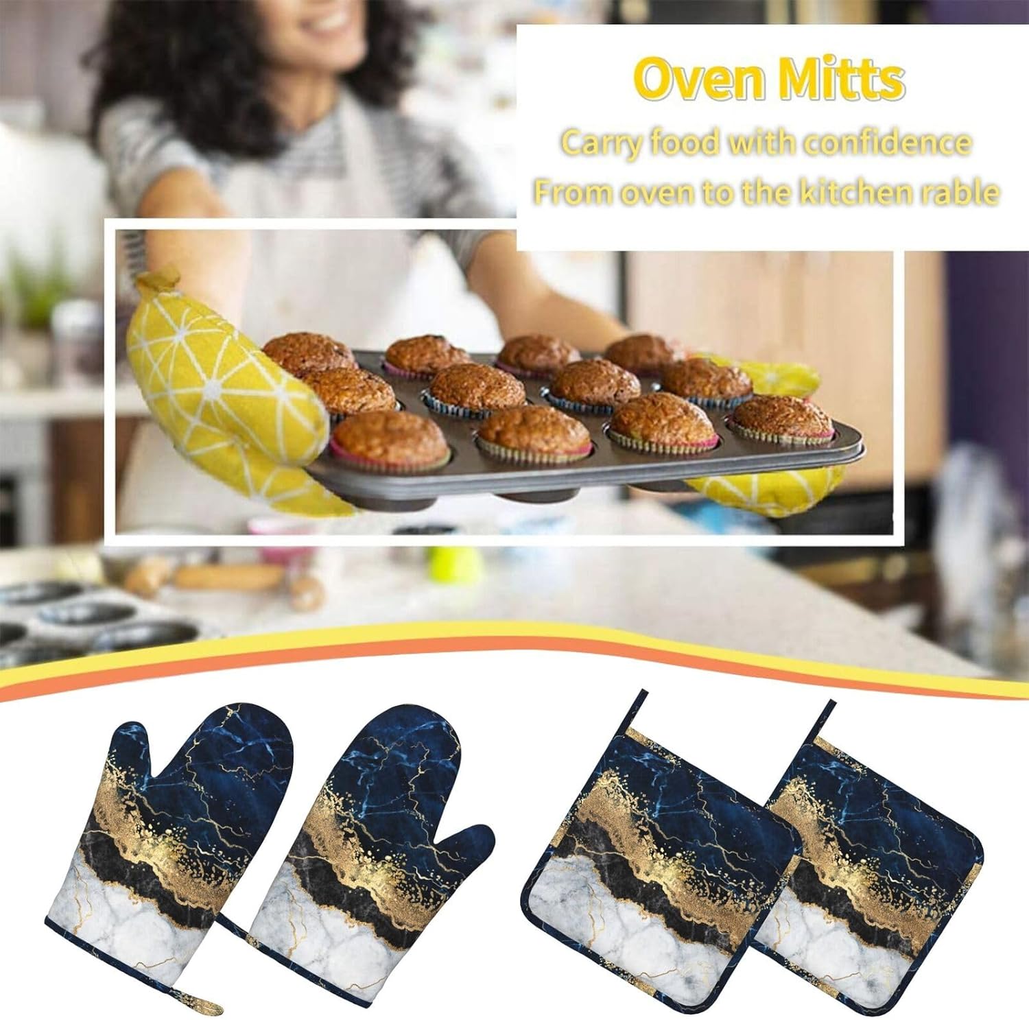 Blue Marble Golden Oven Mitts and Pot Holders Sets of 4, Heat Resistant Silicone Oven Mittens and Potholders Gloves Hot Pads for Kitchen Cooking Baking Grilling BBQ Chef