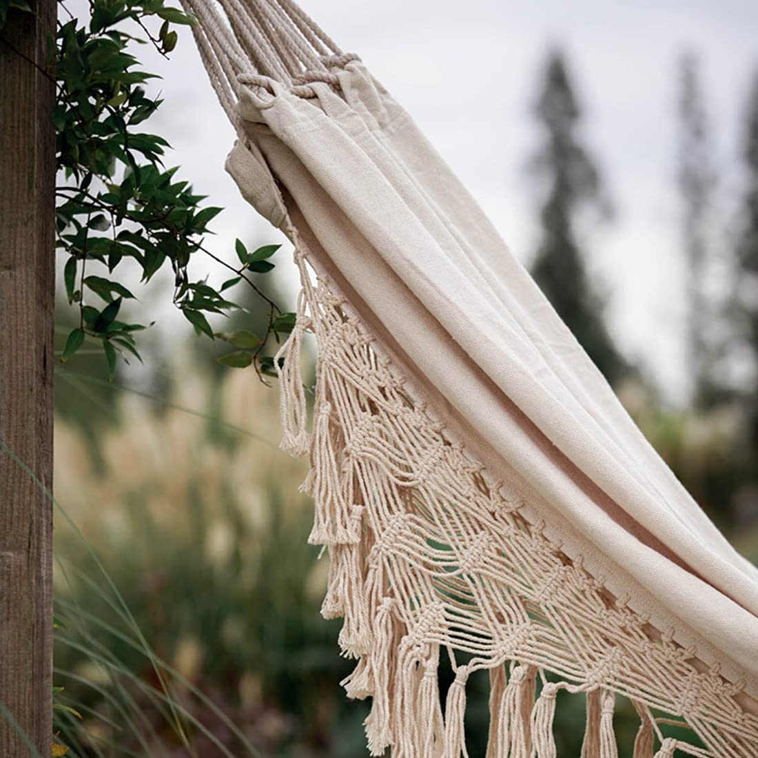 Outdoor hangmat, voor tuin, katoen, hangmat, bed, macramé, franjes, hangmatten, boho, balkon, hangmat, handgemaakte kwastjes, 2 personen, dubbele hangmat, 250 kg, voor thuis, strand, terras