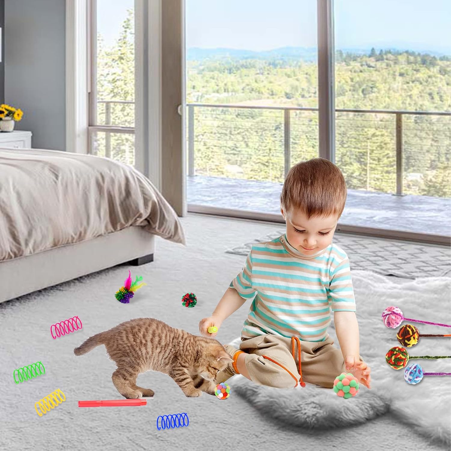 Cat Toys Ball，Woolen Yarn Cat Toy Balls with Bell Cat Kitty Wand Spring Toy and Fuzzy Balls, Cat Toys for Indoor Cats Interactive Cat Chew Toys for Kittens( 14 Pack ) : Pet Supplies