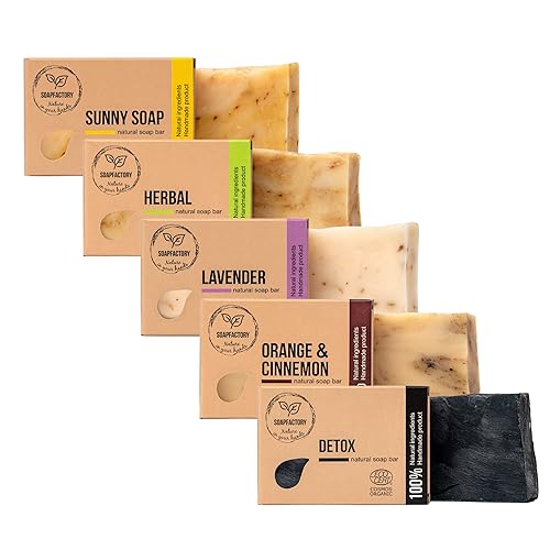 SoapFactory - Juego de barra de jabón orgánica, 100% natural, certificado con carbón activado, árbol de té, lavanda, naranja, citronela, cúrcuma,