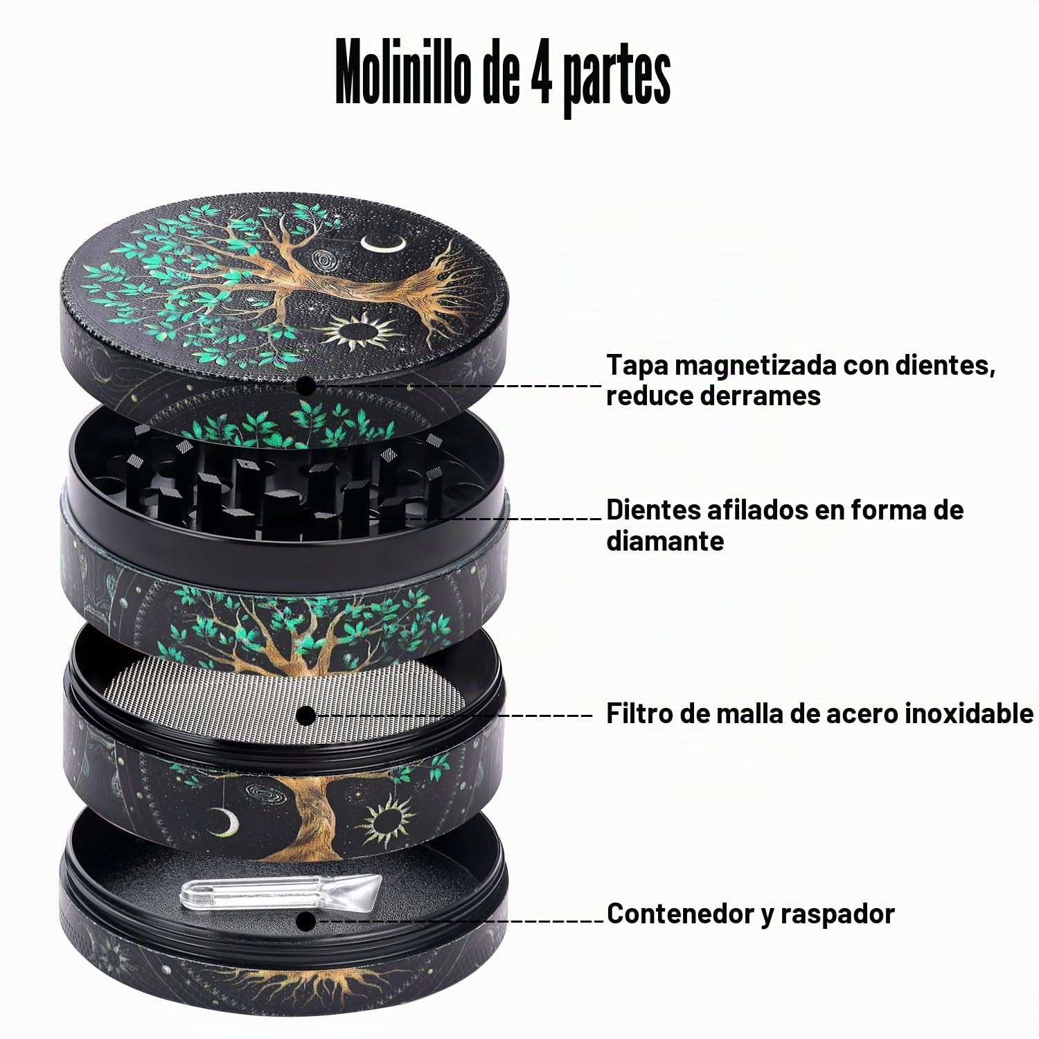 Grande Grinder Especias 63mm(2.5 "), Spespo Metálico Grinder Hierbas y Especias con Rascador Polen (Tree)