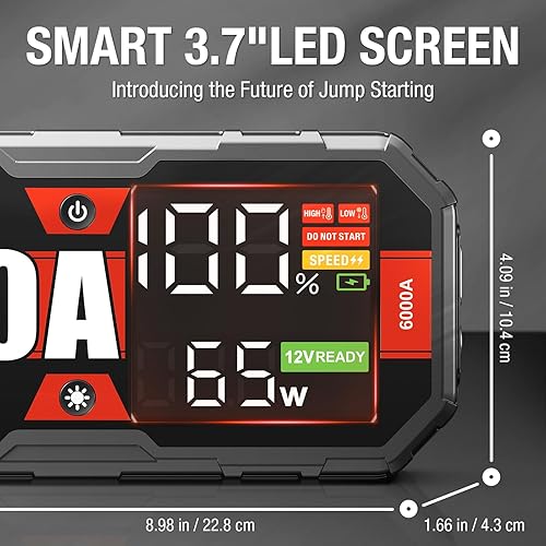 Miniatura 3 de Arrancador de batería de automóvil 6000 amperios de arranque de pico de 12 V, pantalla inteligente, cables de puente con arranque de fuerza para
