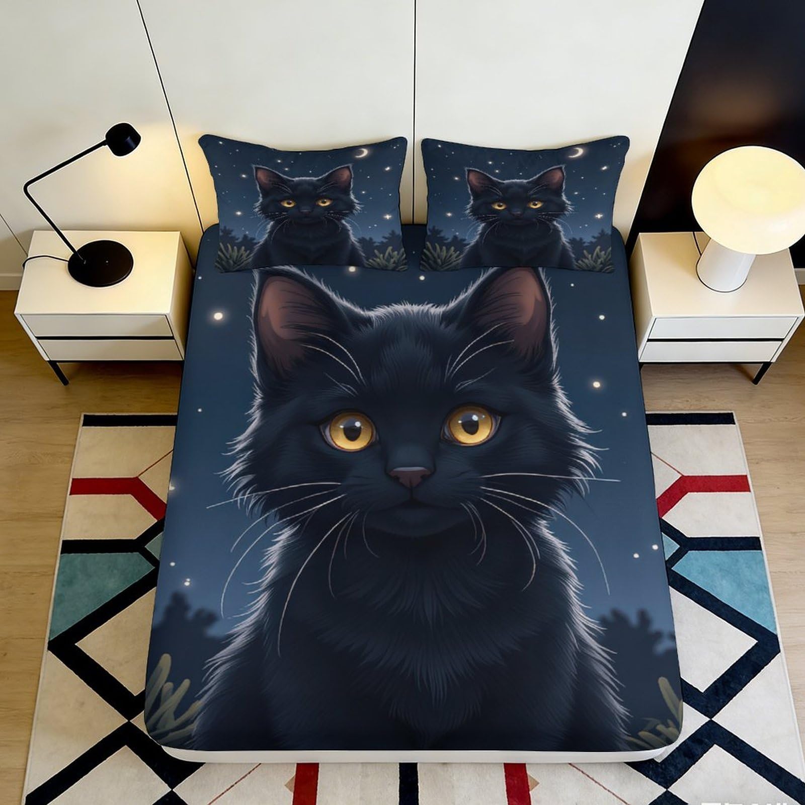 Jqzkxnhpbr Style-7 3D Printed Black Cat Fitted Sheet Microfiber Soft Breathable Night Sky Mattress Cover For Bedroom Dorm Decor 90X200x25cm