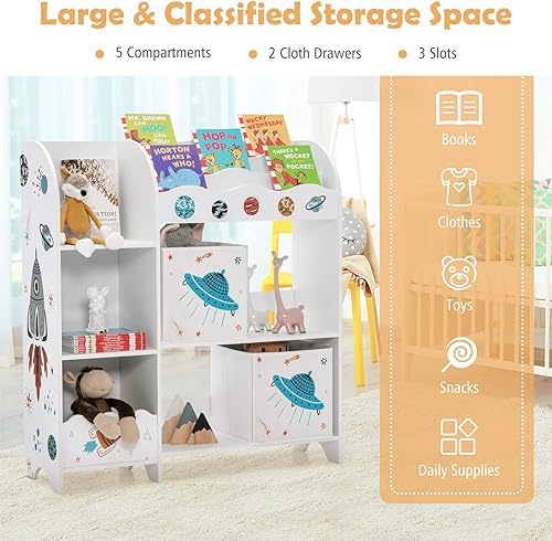 Miniatura 6 de Costzon Organizador de juguetes y libros para niños, armario de almacenamiento de madera con 5 estantes, 2 cajas y 3 ranuras, perfecto para sala de
