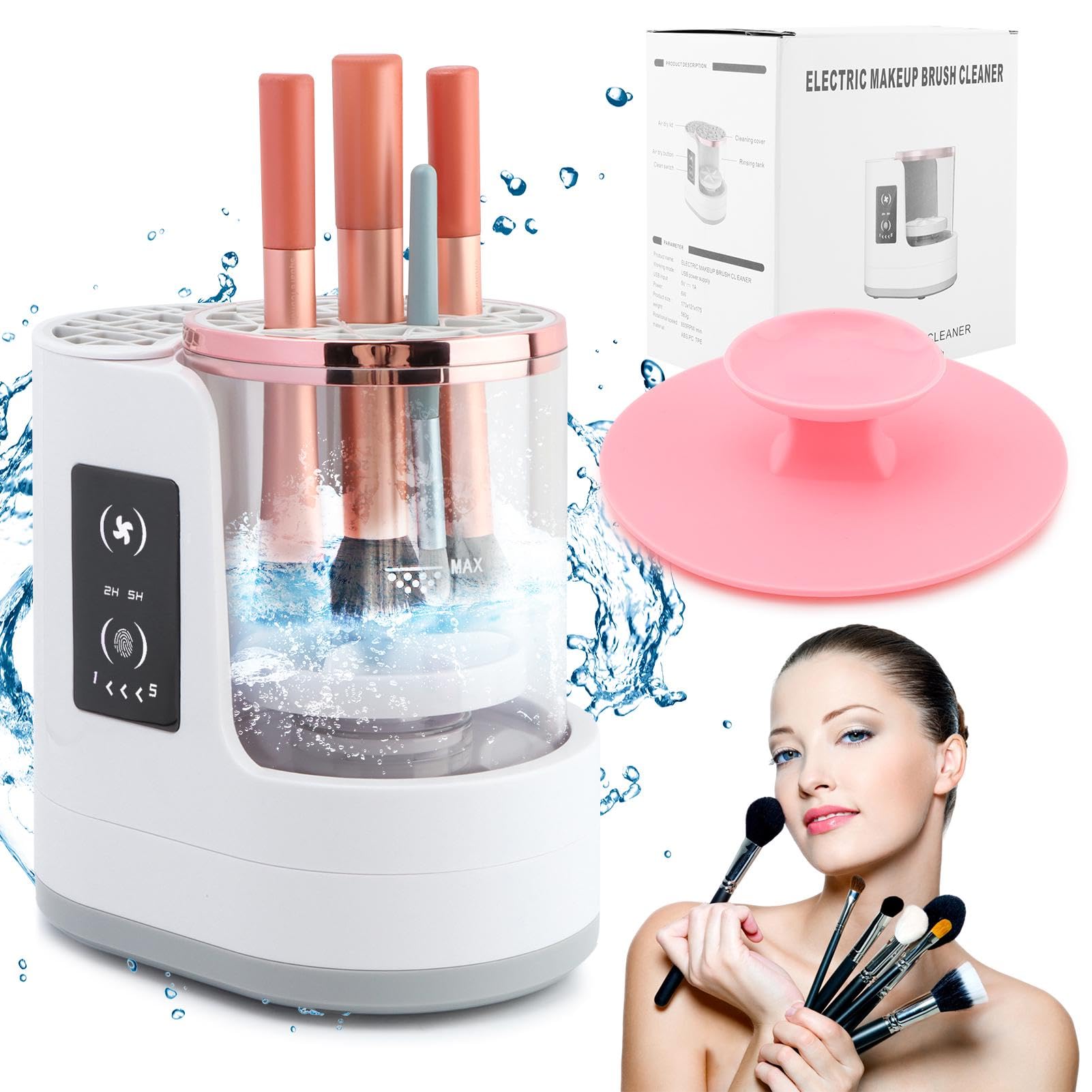 Electric Makeup Brush Cleaner Machine, 3 in 1 Automatic Makeup Brush Cleaner with Brushes Dryer for All Size Beauty Brushes Set(White,Size:6.8inch)