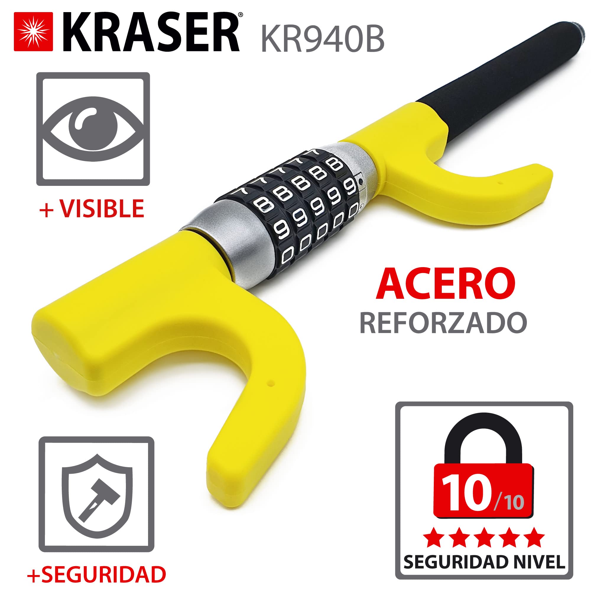 KRASER KR940B Antirrobo Coche Volante, Código Combinación, Reforzado Alta Seguridad, Visible Disuasorio, Doble Cierre Ajustable, Martillo Emergencia, Barra Universal Auto SUV Furgoneta Camión Caravana