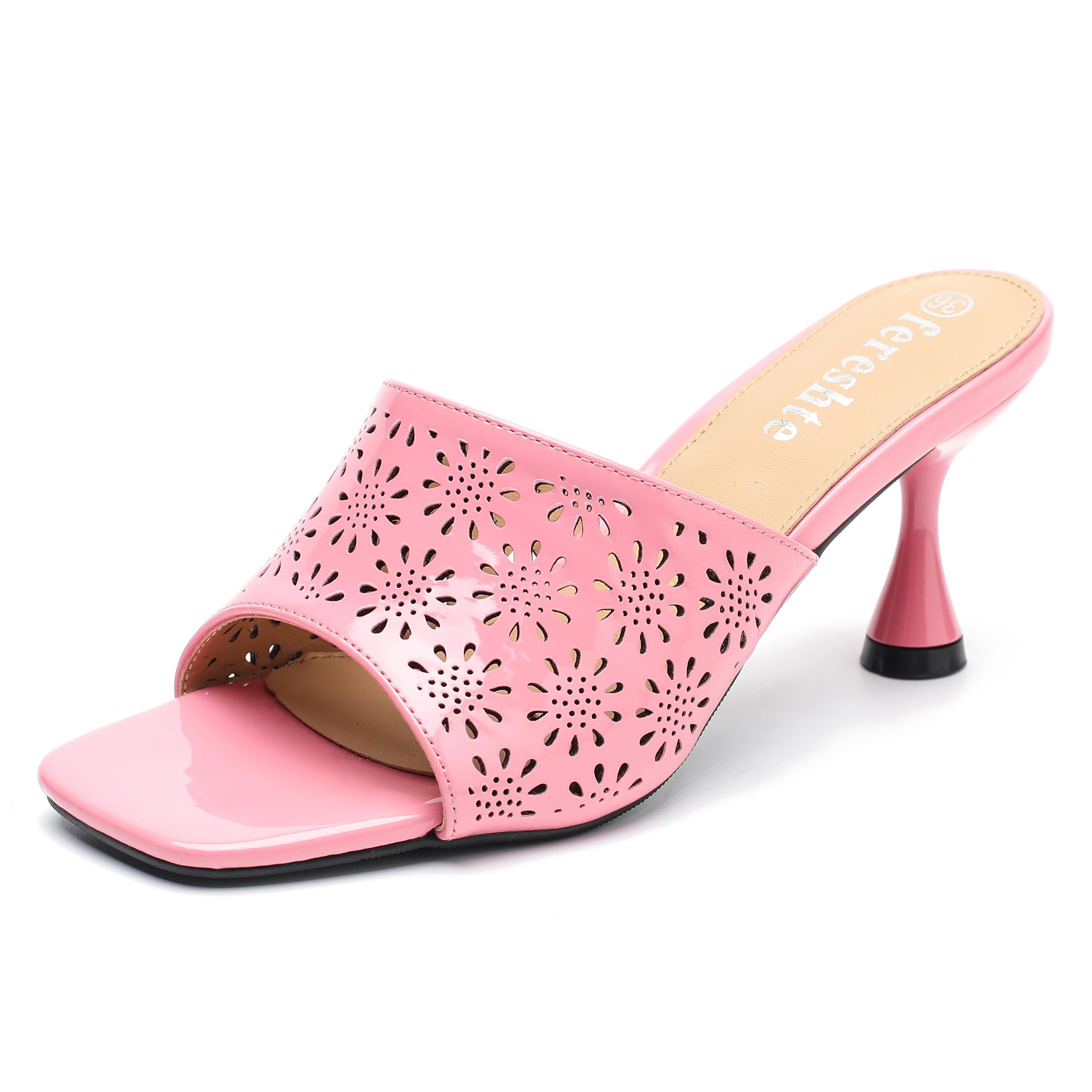 fereshte Women's Mule Sandals, Laser Cut Floral Design, Kitten Heel, Open Toe Slide